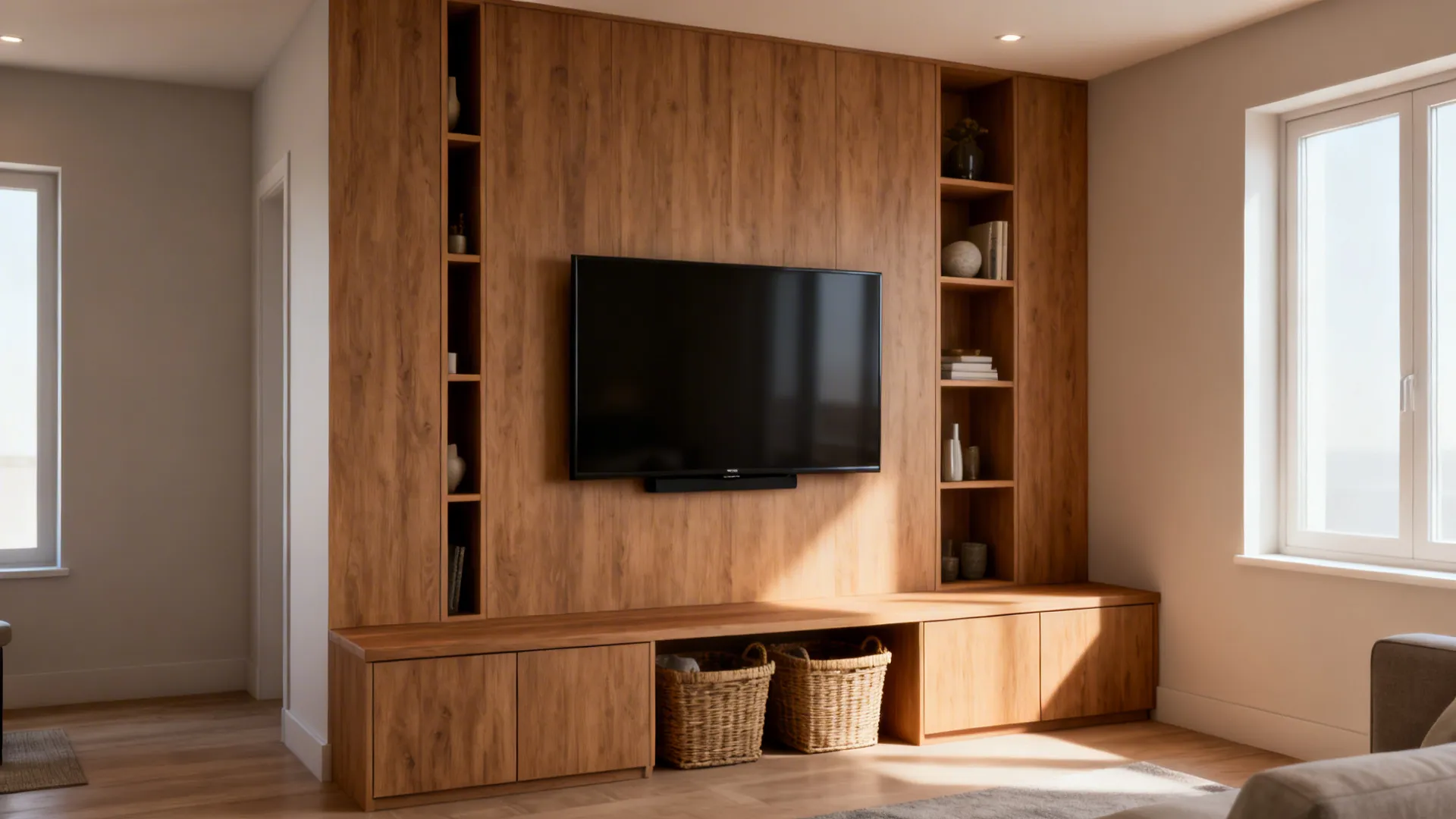 Corner media wall with vertical built-ins and shallow lower cabinets in a compact living room.