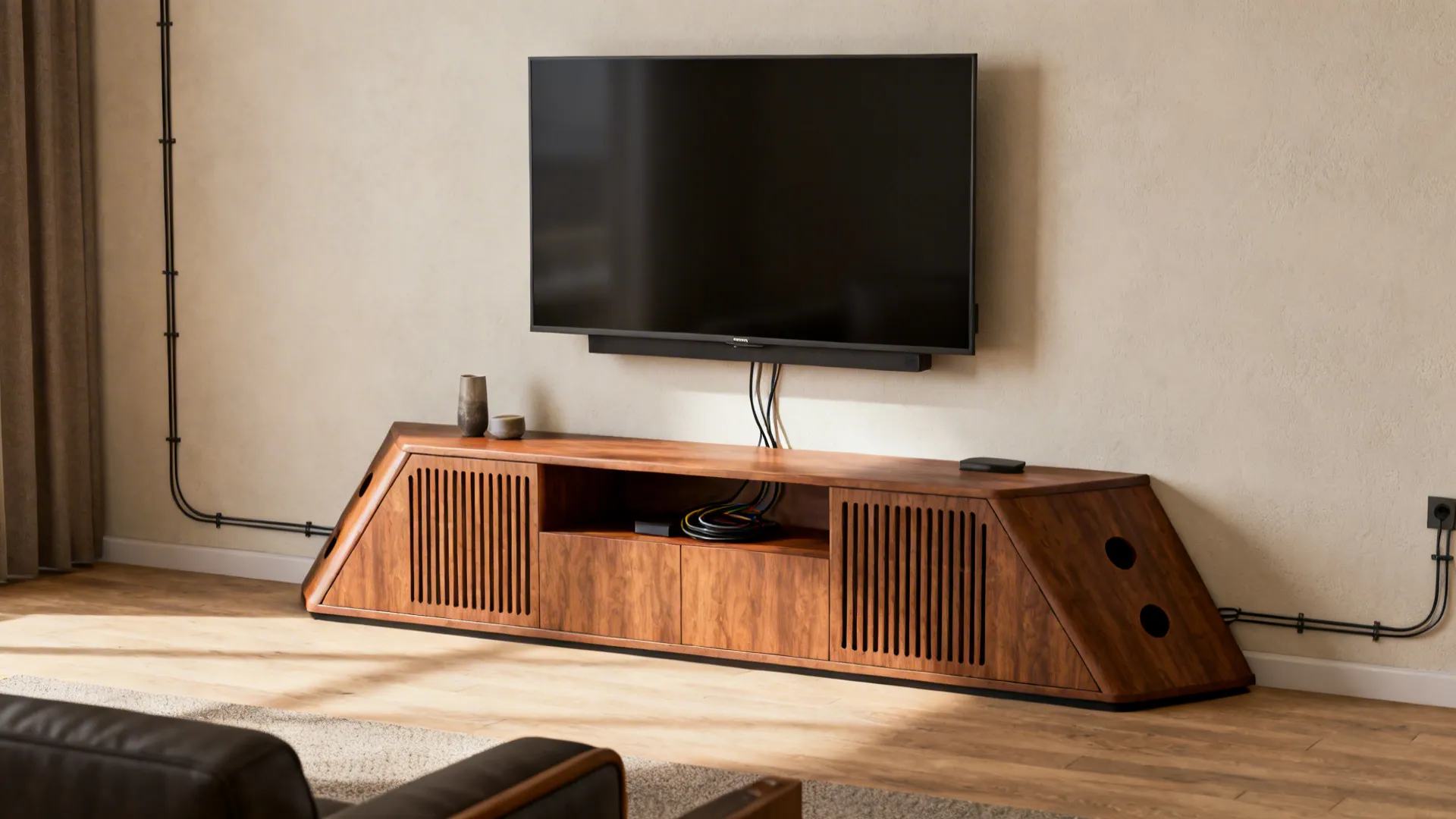 Wall mounted television above wooden cabinet with slatted doors in a bright modern living room