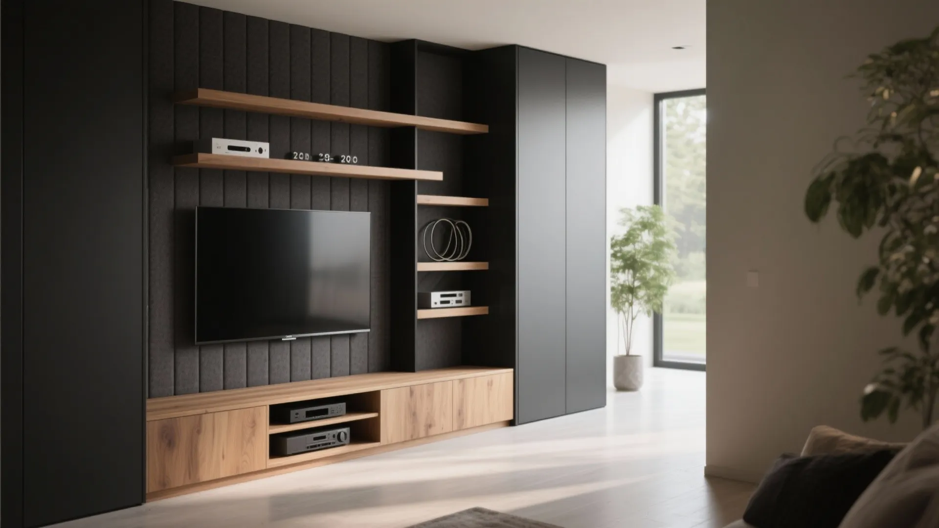 Modern black wall panel with wooden cabinet wooden shelves television set and dark storage unit