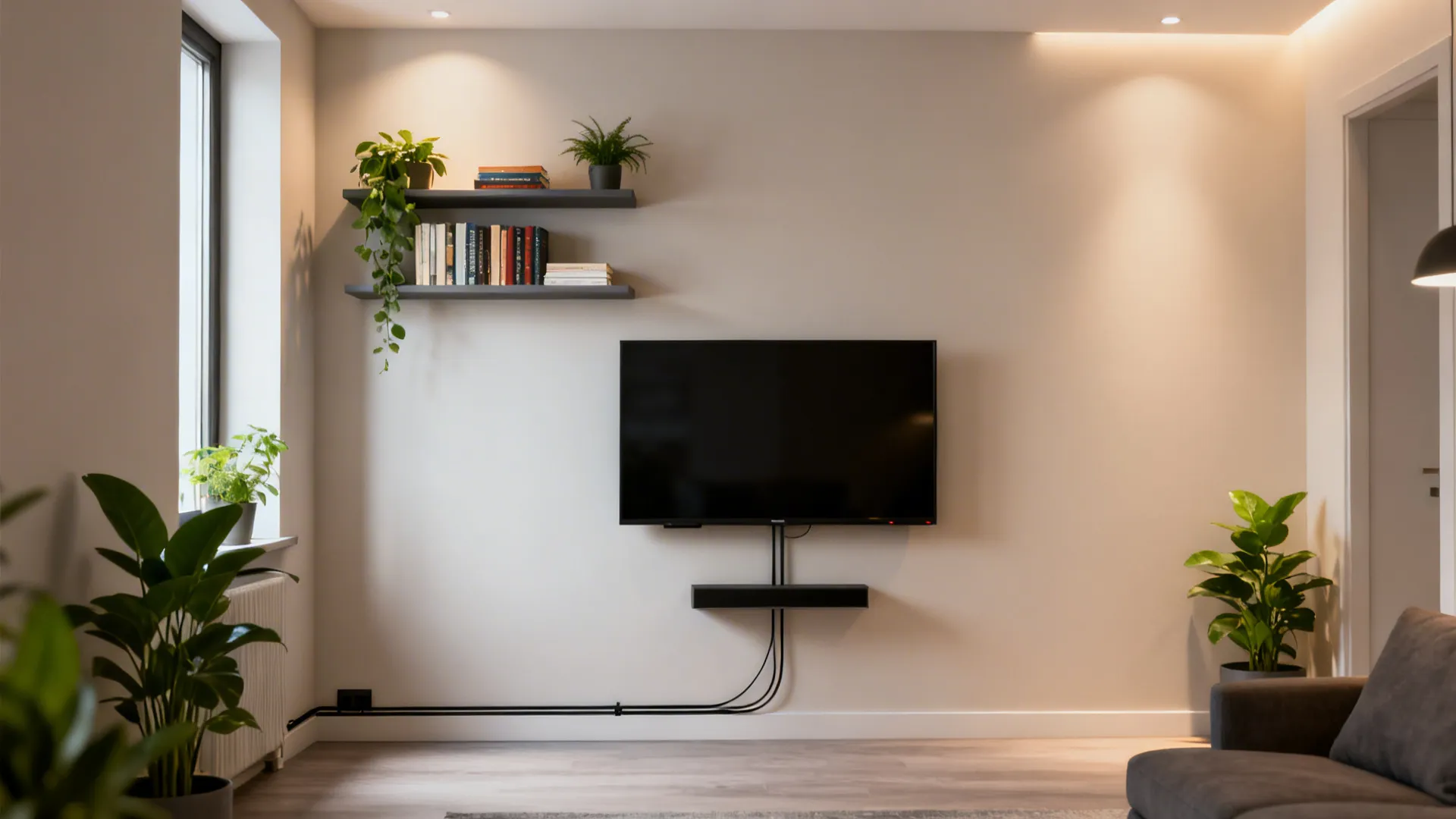 4. Corner Media Wall with Floating Shelves