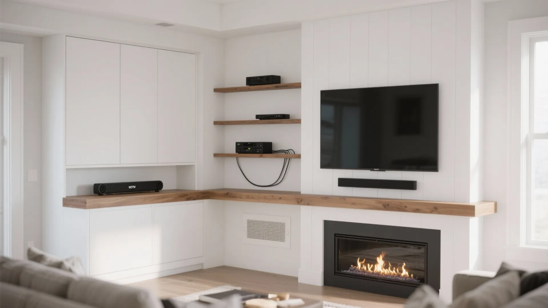 4) Corner media wall: fireplace + TV with a safe gap