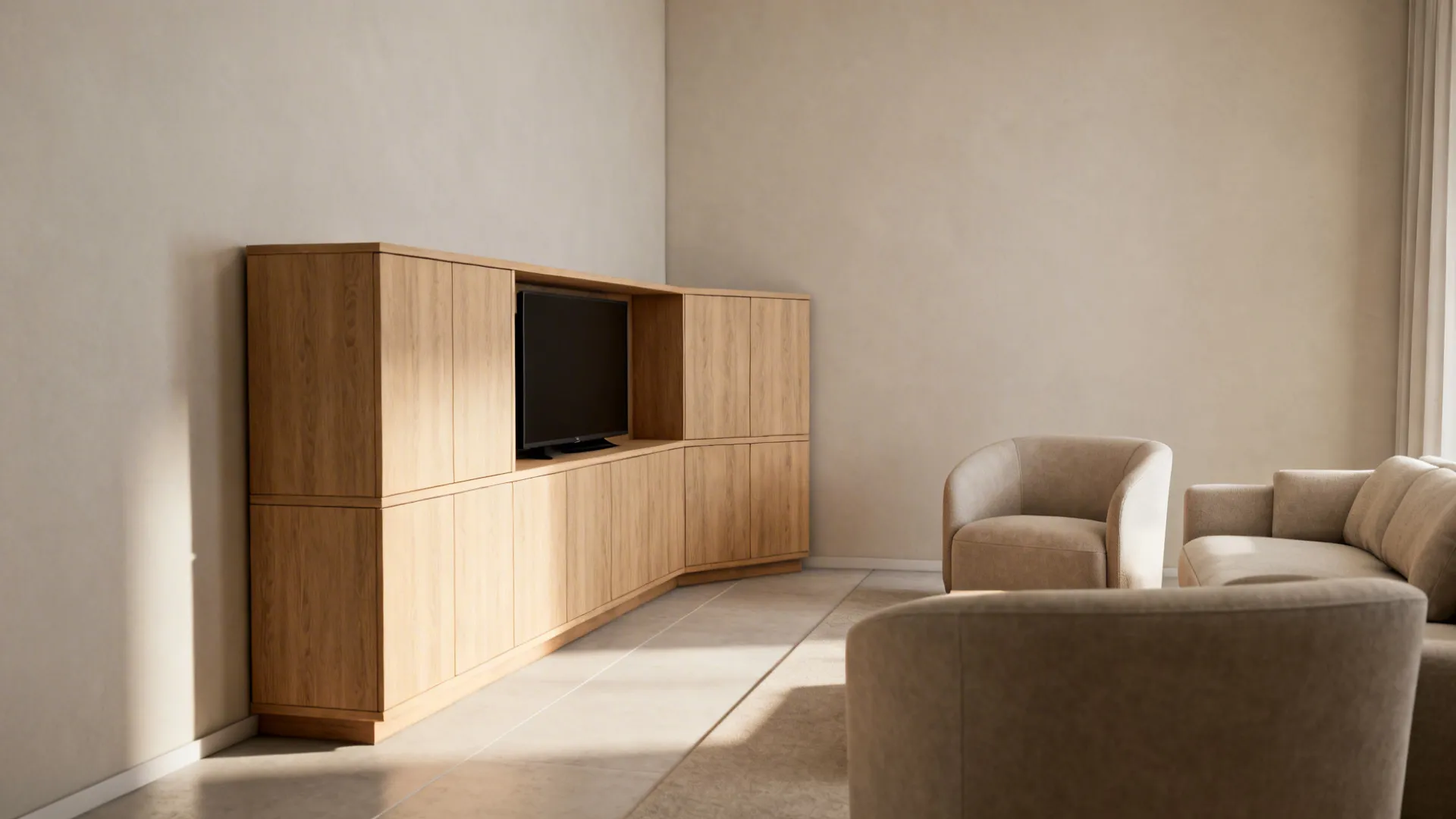Custom corner media unit housing a TV and opening the main wall for seating in a small room.