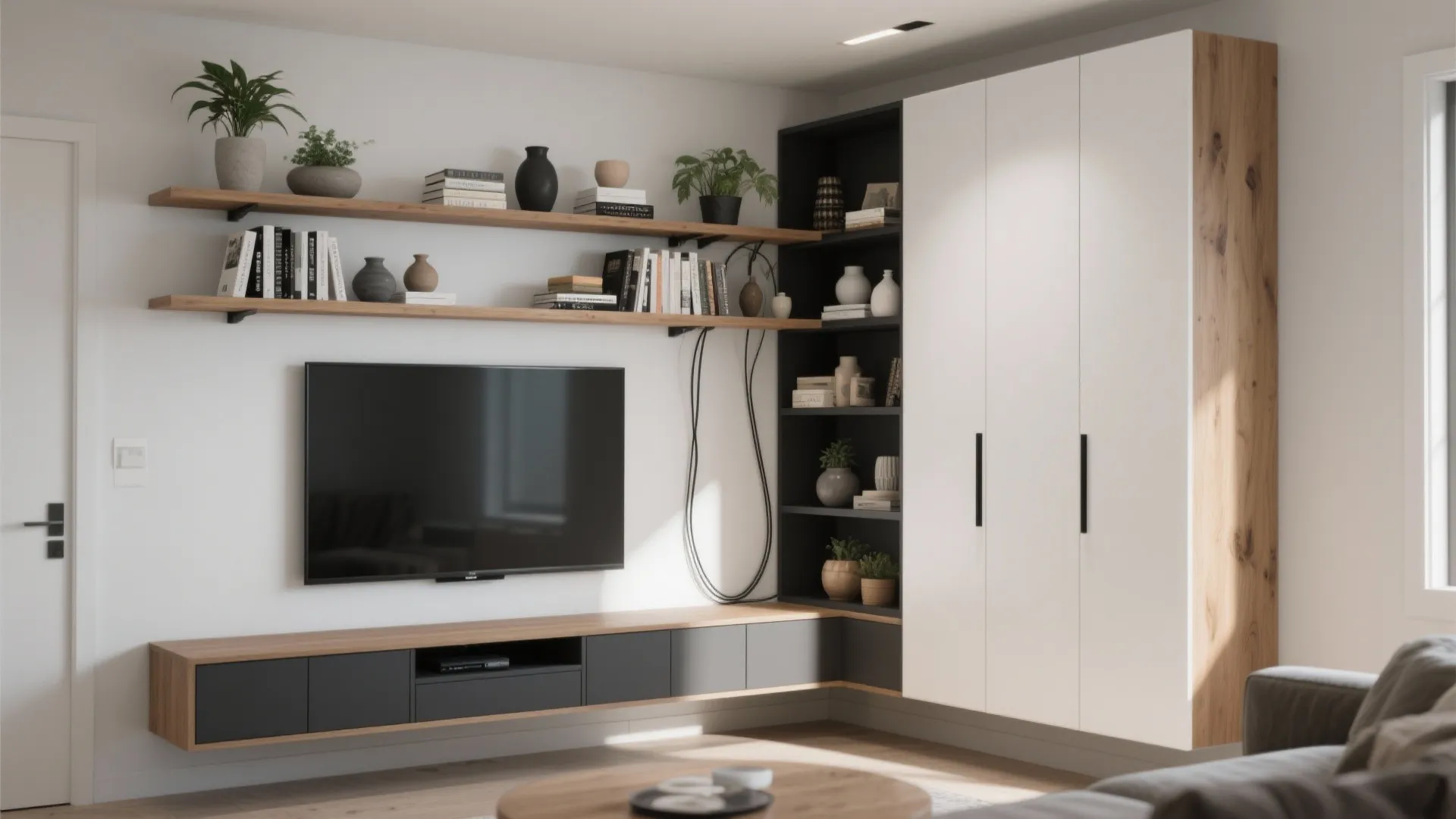 Corner Media Wall with Integrated Shelving