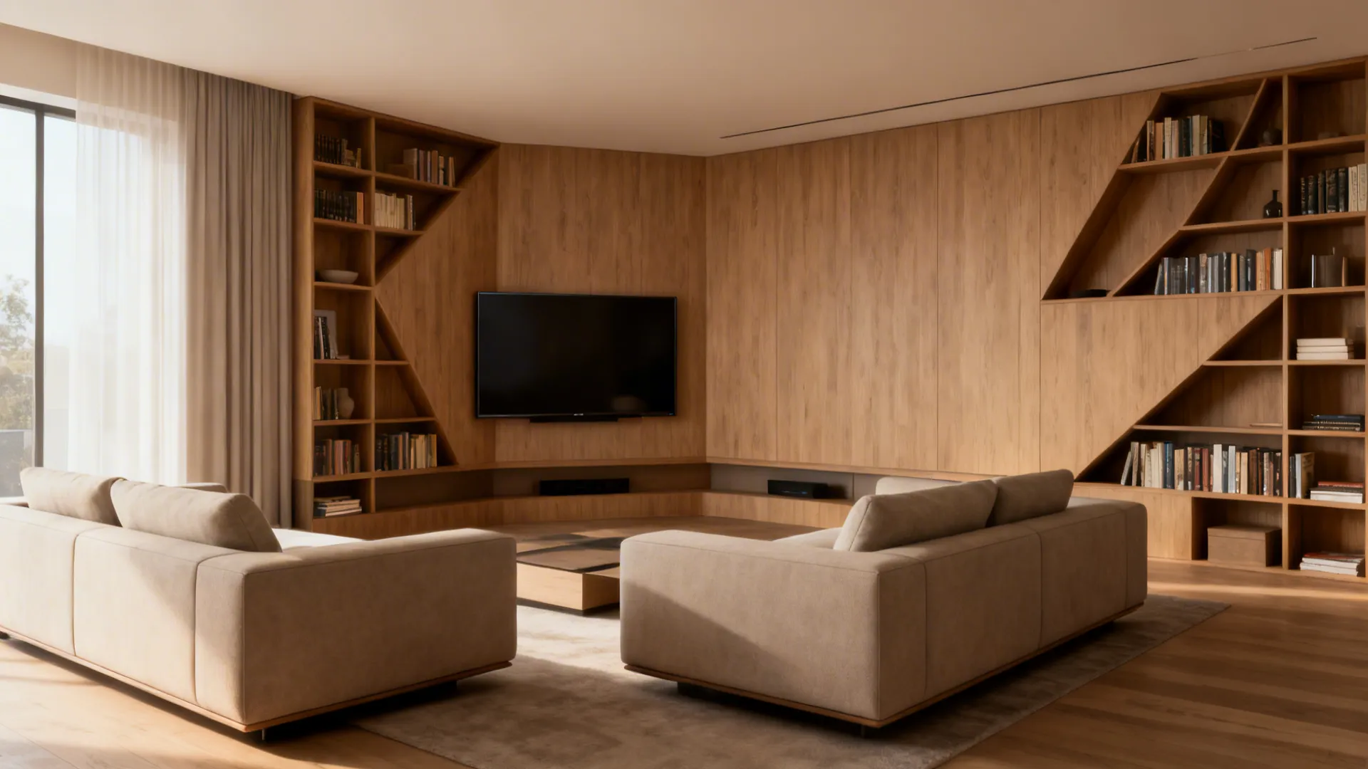 Corner media wall with corner-mounted TV and low-profile seating in an L-shaped living room.