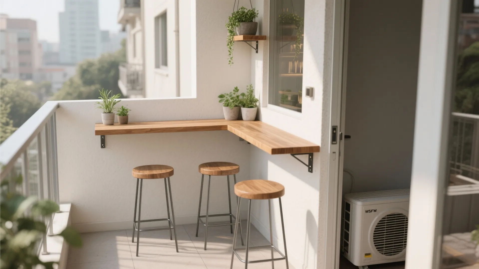 Small corner balcony bar featuring wooden L-shaped counter three stools and potted plants on wall