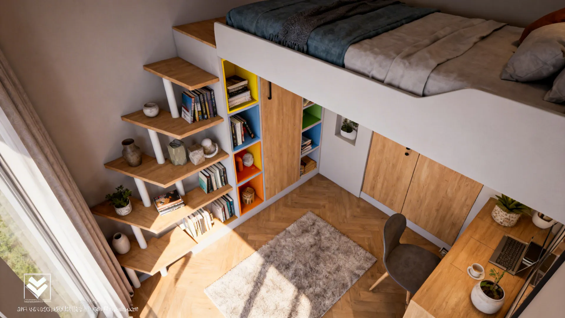 Corner micro-loft with ladder-steps serving as open shelves in a tiny room.