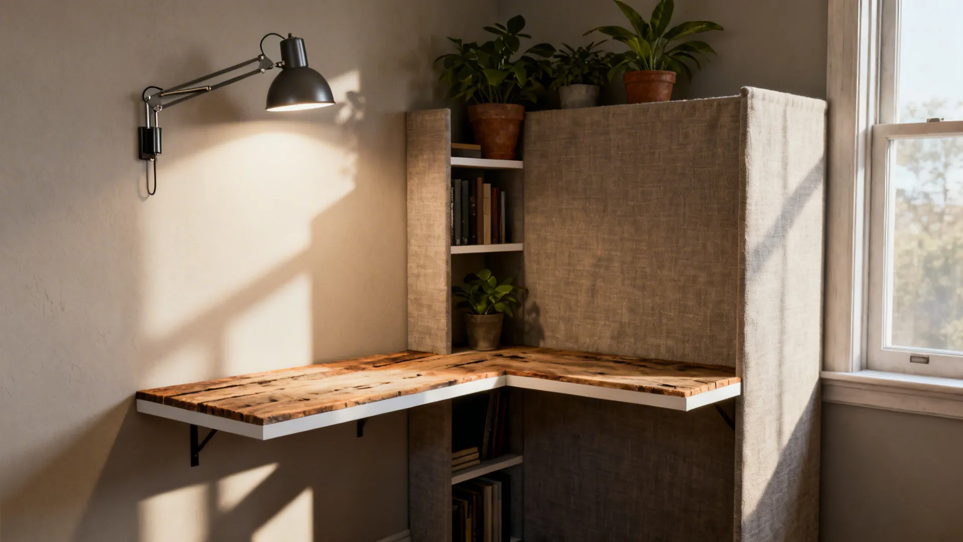 Corner micro-office with L-shaped floating shelves, a clip lamp and plant screen for privacy.
