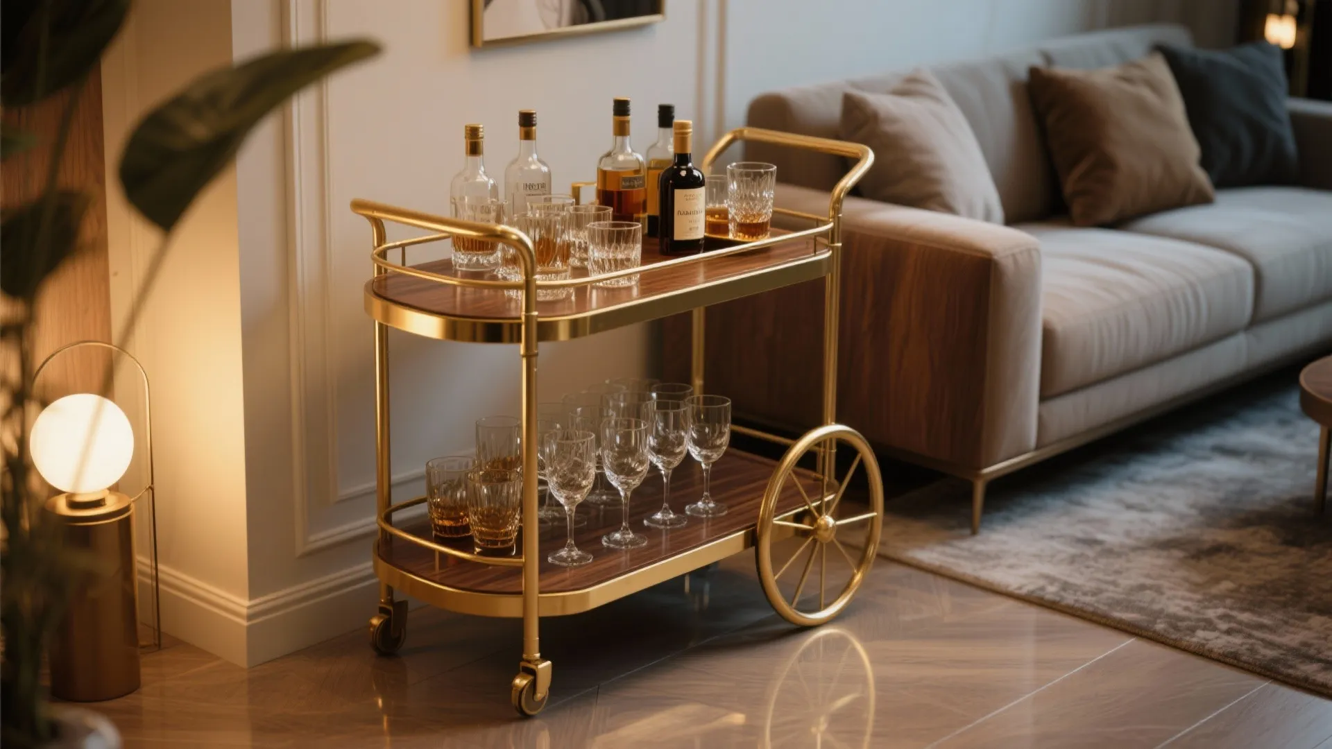 Gold and wood bar cart with glass bottles and drinking glasses near a brown sofa
