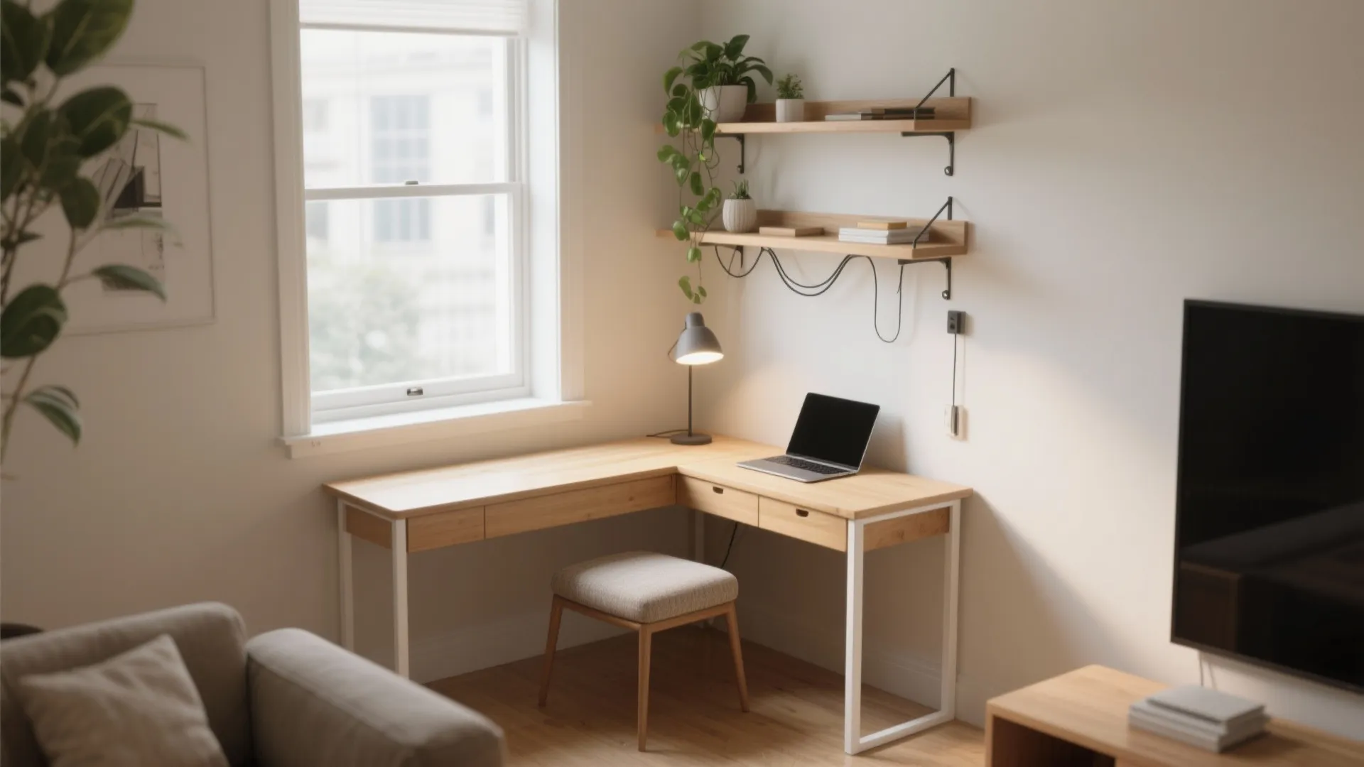 L shaped wooden corner desk with laptop small chair wall shelves and plant near window