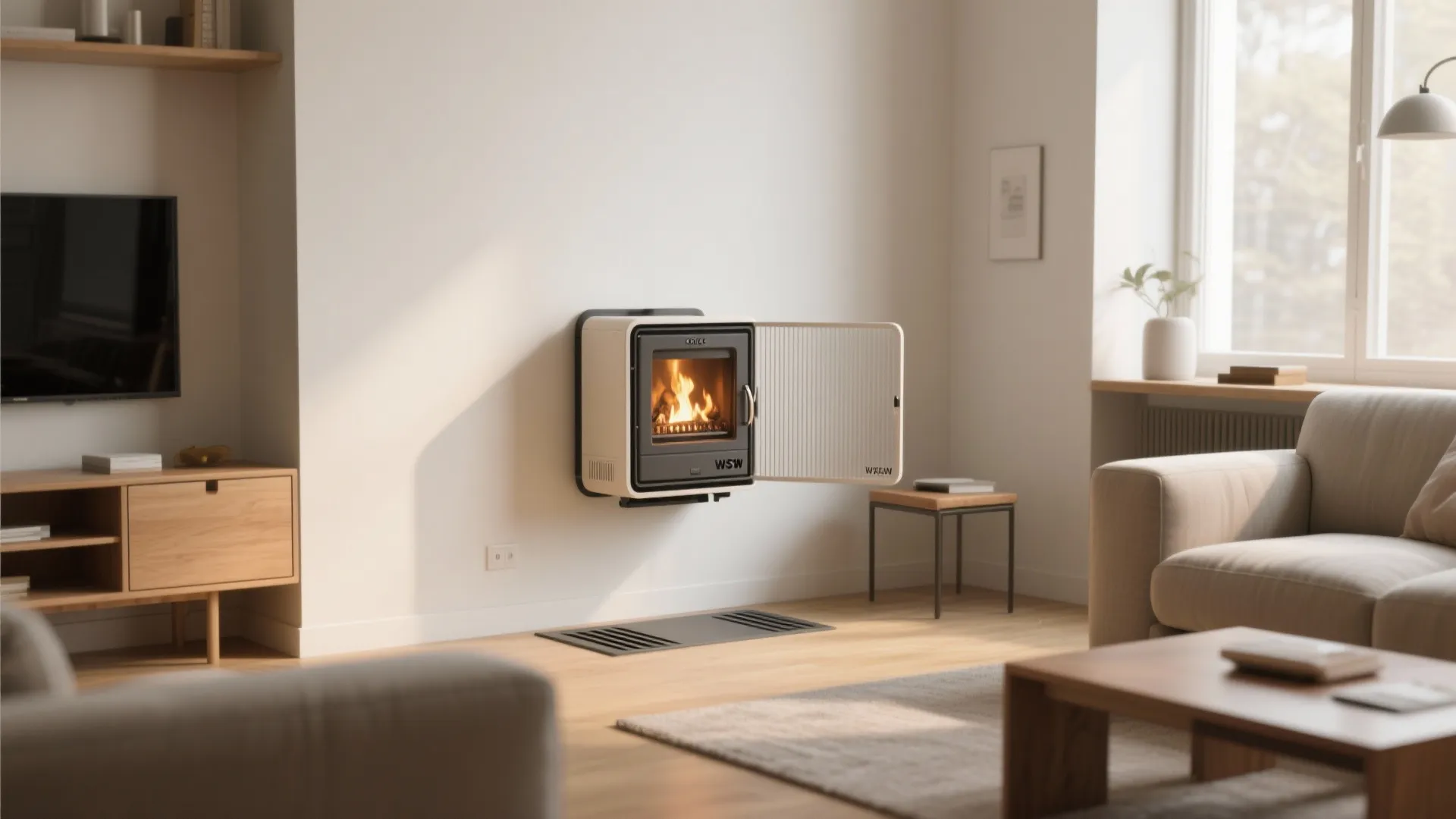 Living room corner with a wall-mounted mini stove and thin protective panel, showing freed floor space and seating layout.