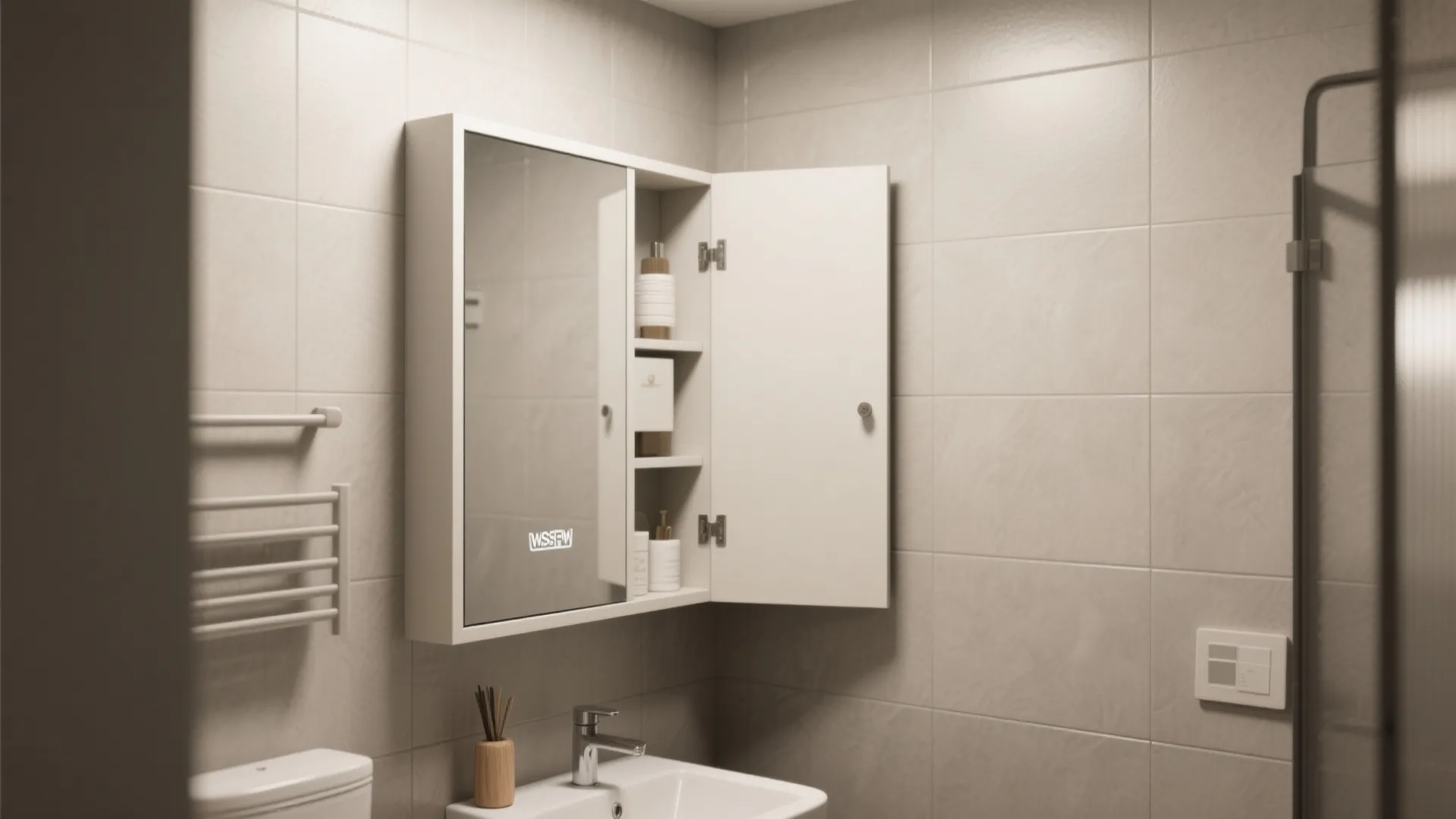 White corner mirror cabinet with open door showing shelves inside a modern bathroom with sink