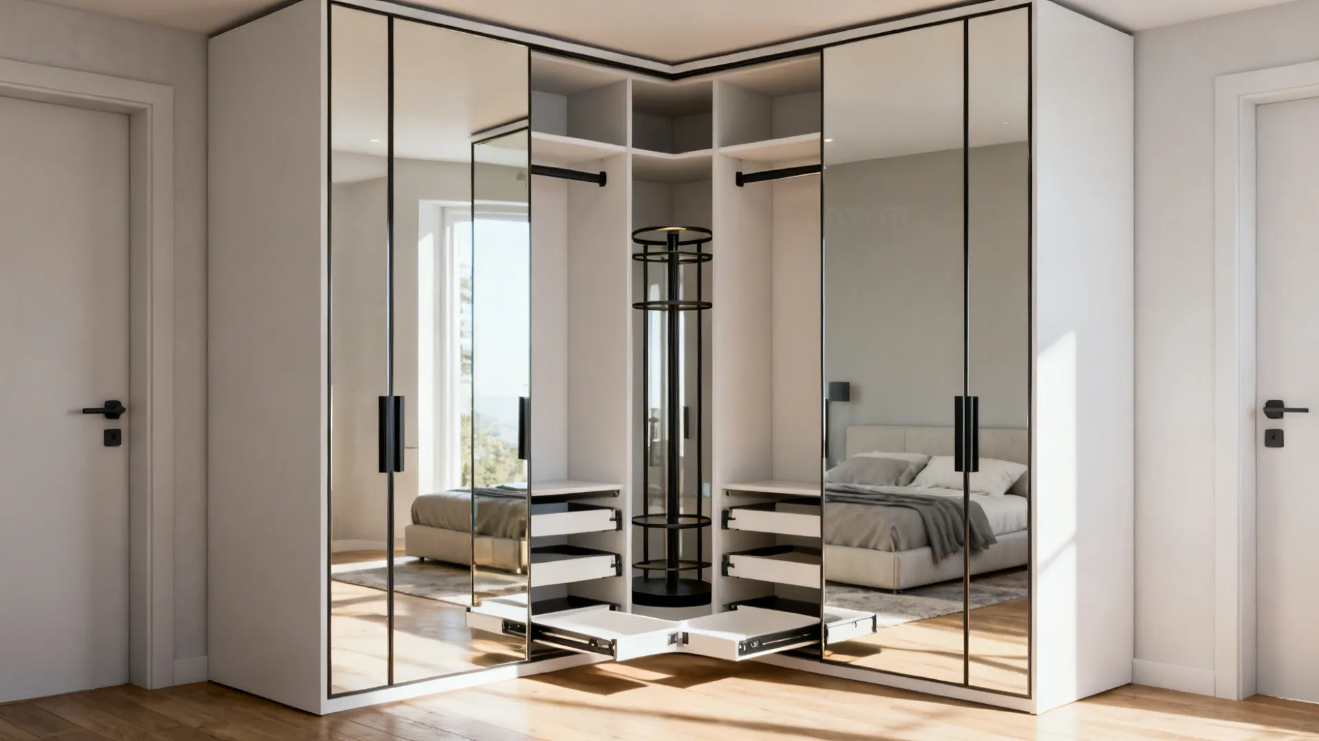 Corner wardrobe with mirrored doors that reflect light and visually enlarge a small bedroom.