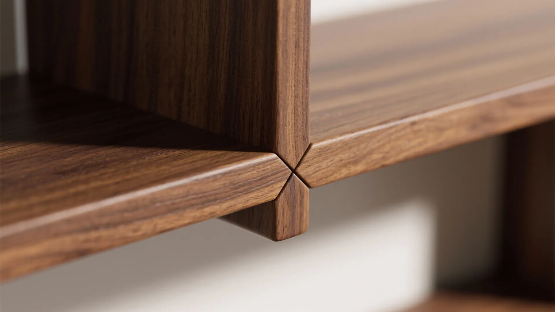 Close up of a dark wood shelf corner joint showing smooth edges and natural wood grain
