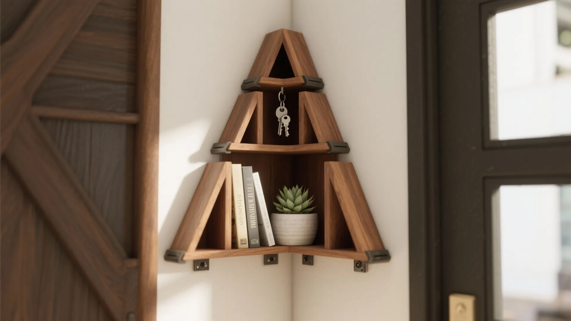 Triangle shaped wood corner wall shelf holding books keys and a small green potted plant