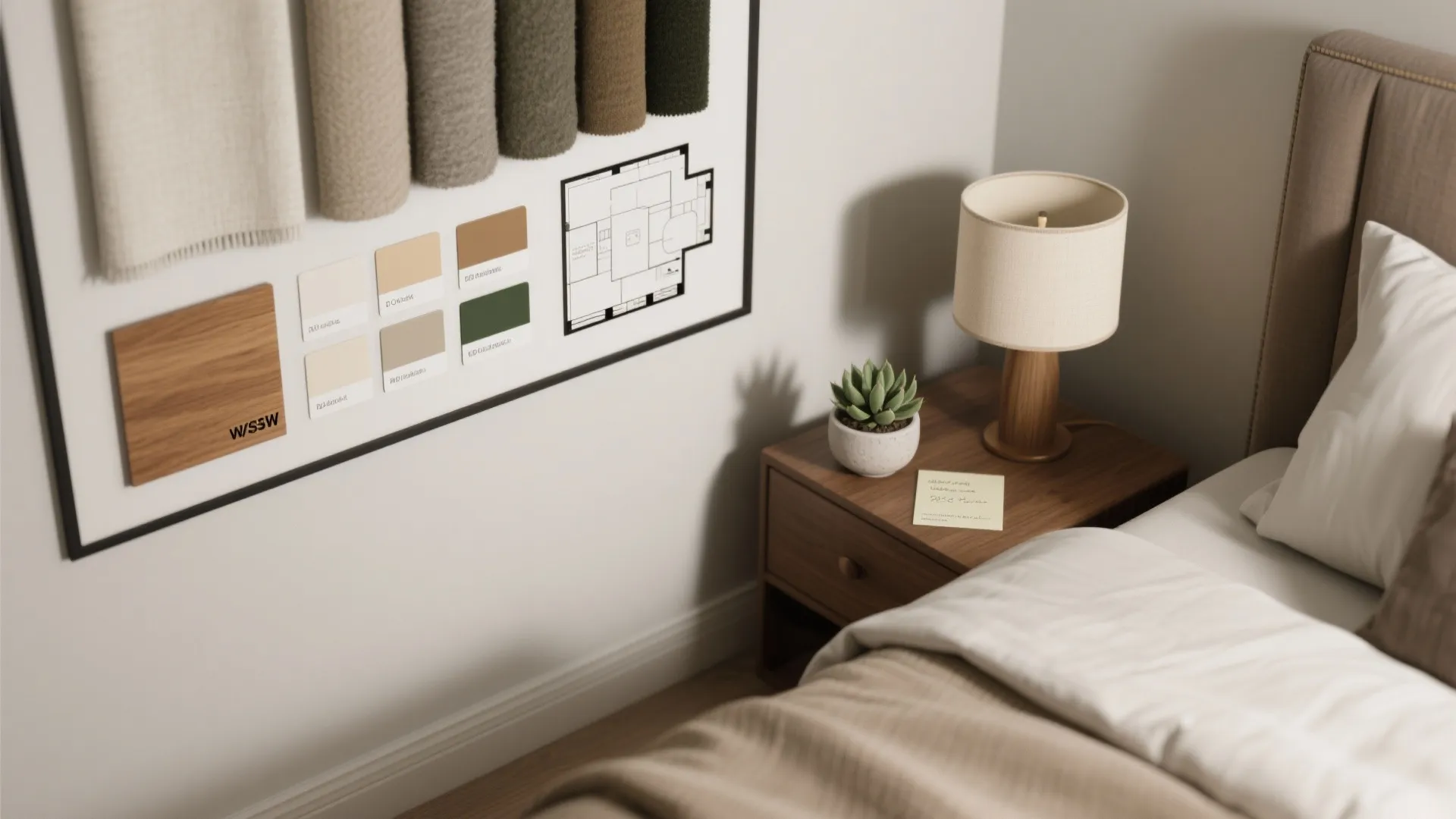 Interior design mood board with fabric samples color swatches floor plan wooden nightstand and lamp