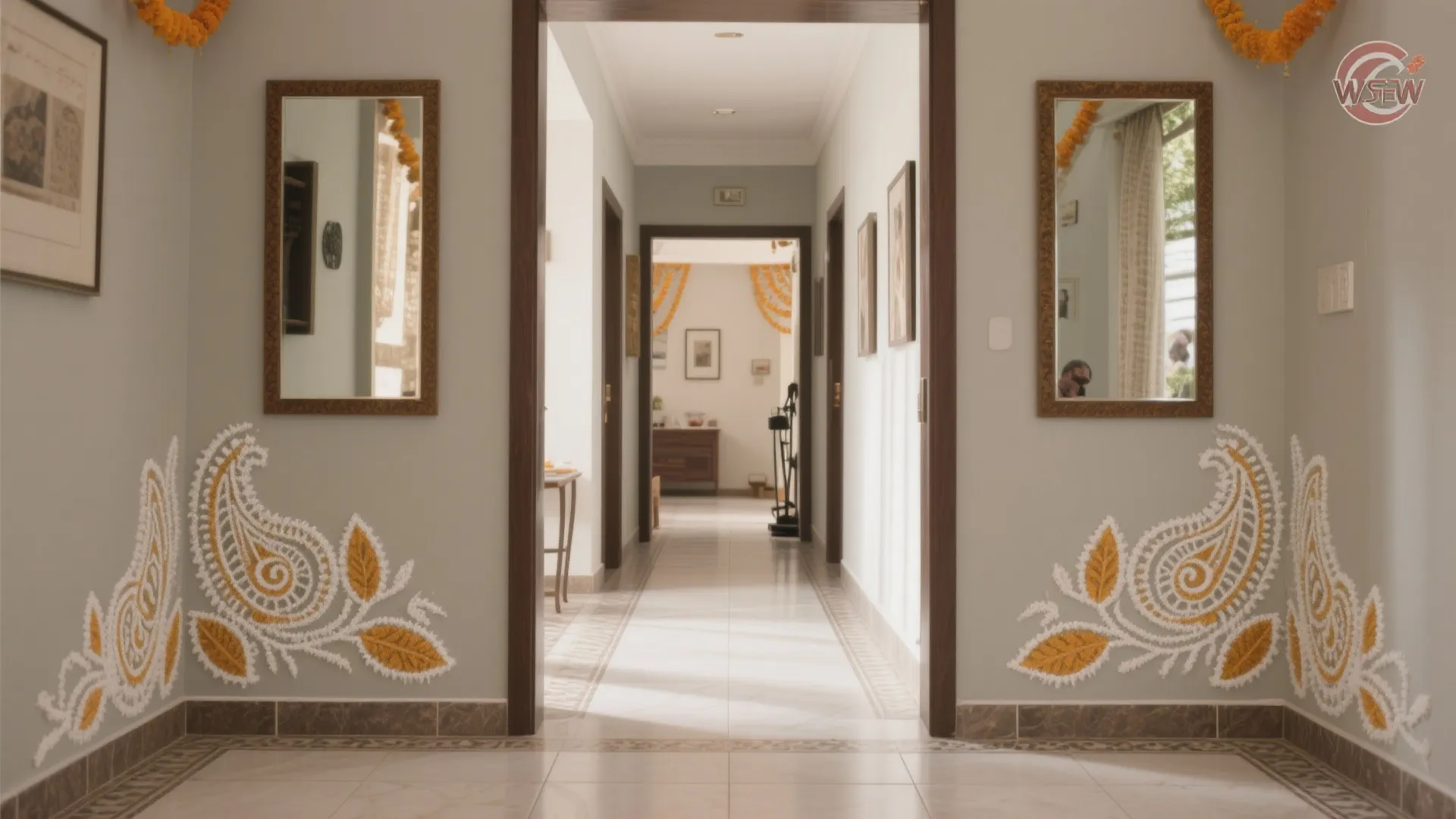 Two mirrored paisley corner rangoli motifs frame a small foyer while the center path stays clear.