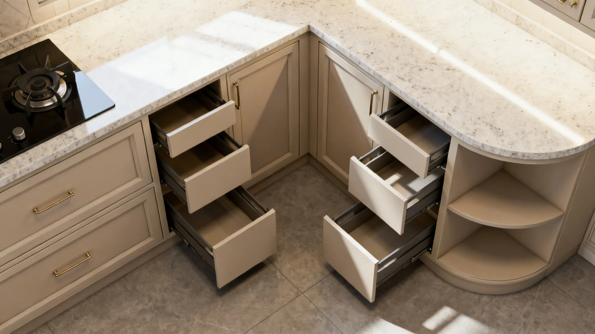 Corner solutions: blind-corner pull-outs vs. open shelf turn