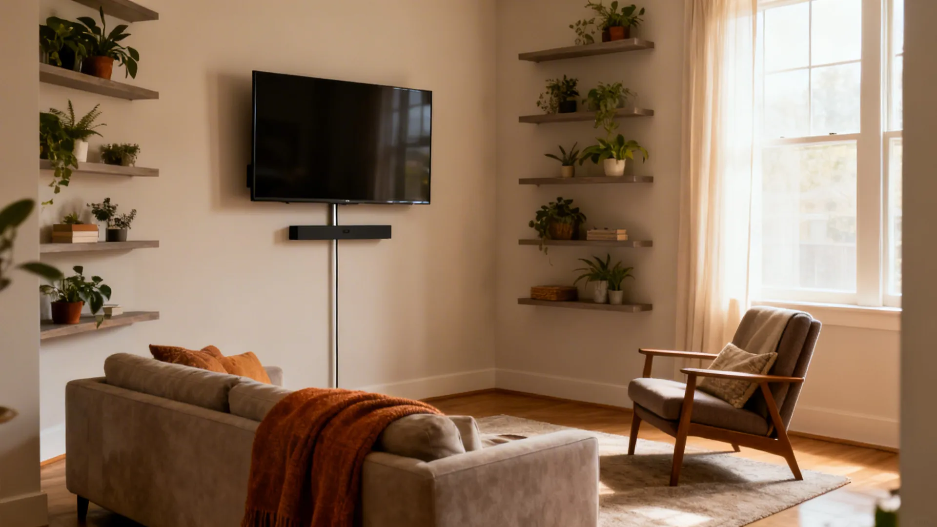 Corner-mounted 32-inch TV with loveseat and reading chair forming a viewing triangle