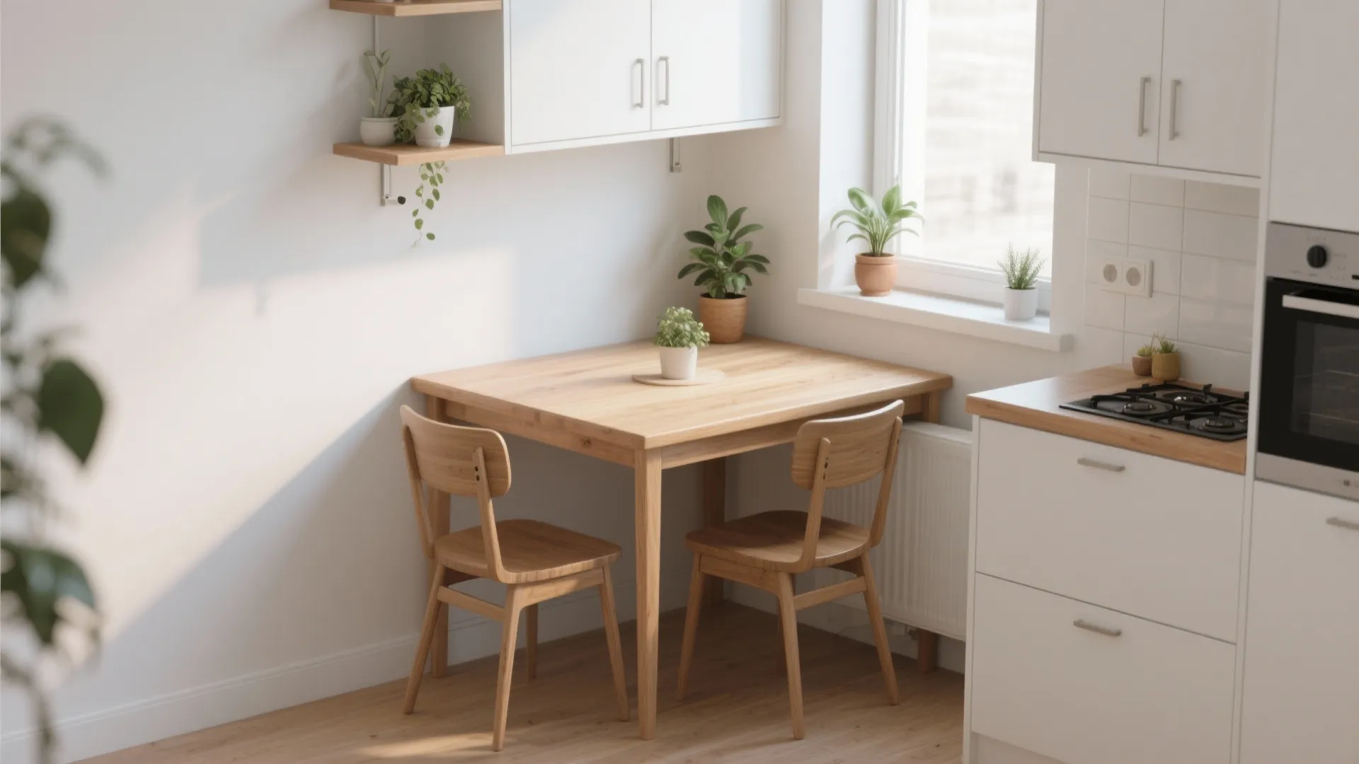 Small kitchen dining nook with wooden table, two chairs, white cabinets, and green potted plants