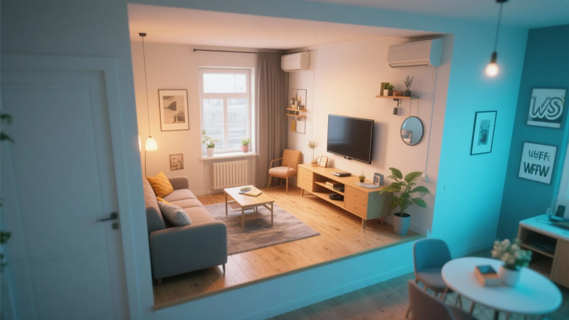Coohom interior design drawing showing a small living room with sofa wooden floor and cabinet