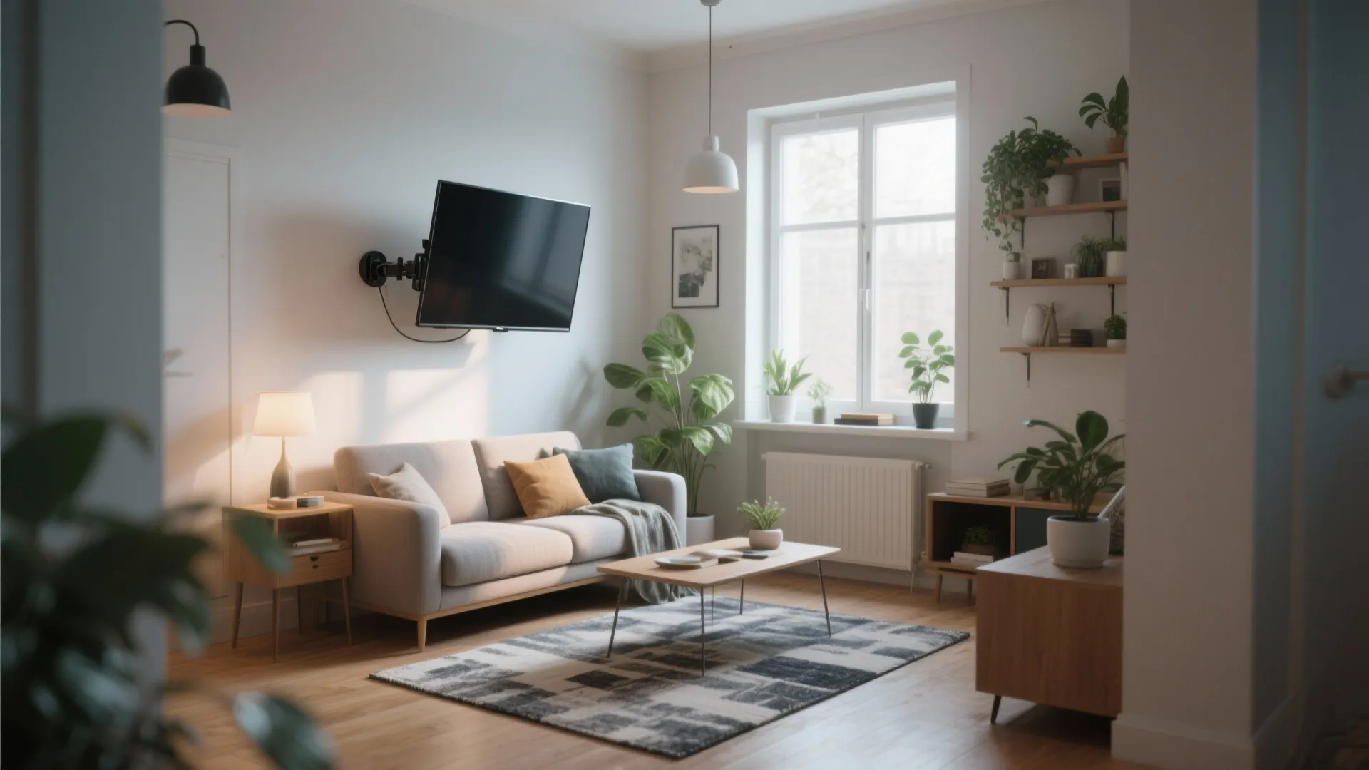 Small modern living room with a TV mounted in the corner
