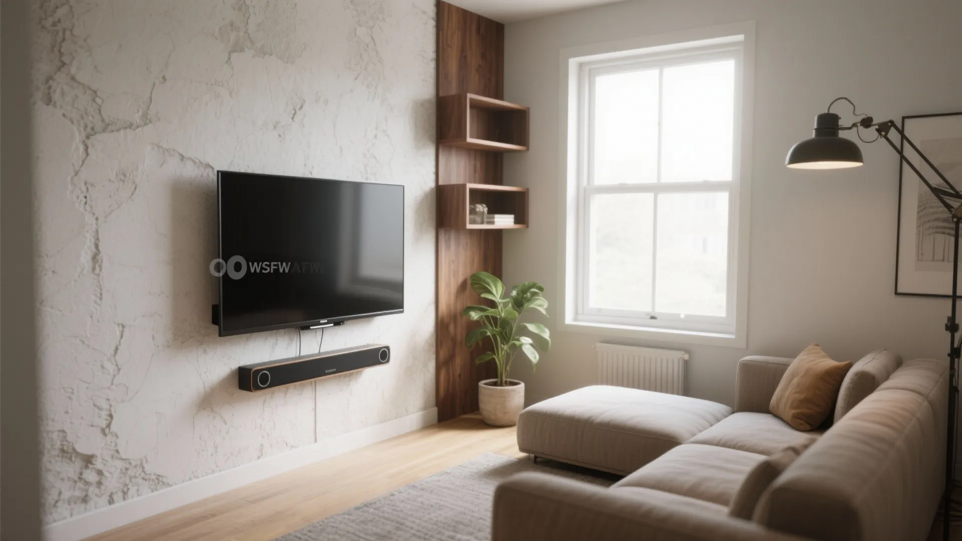 Modern living room featuring a wall mounted television next to wooden shelves and floor plant
