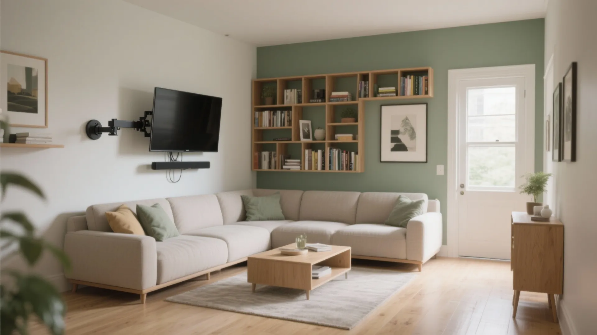 Corner-mounted TV to unlock circulation