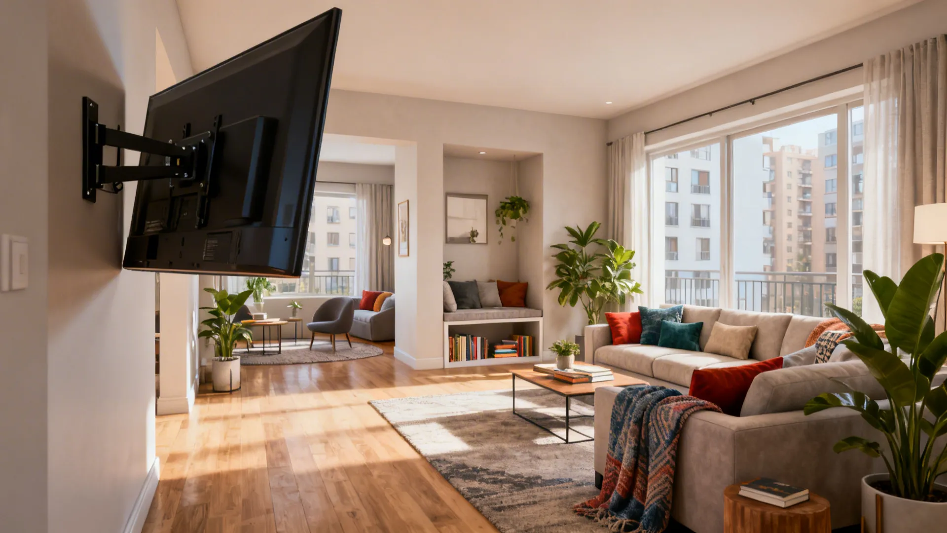 Corner mounted television on wall bracket in modern living room with grey sofa and windows