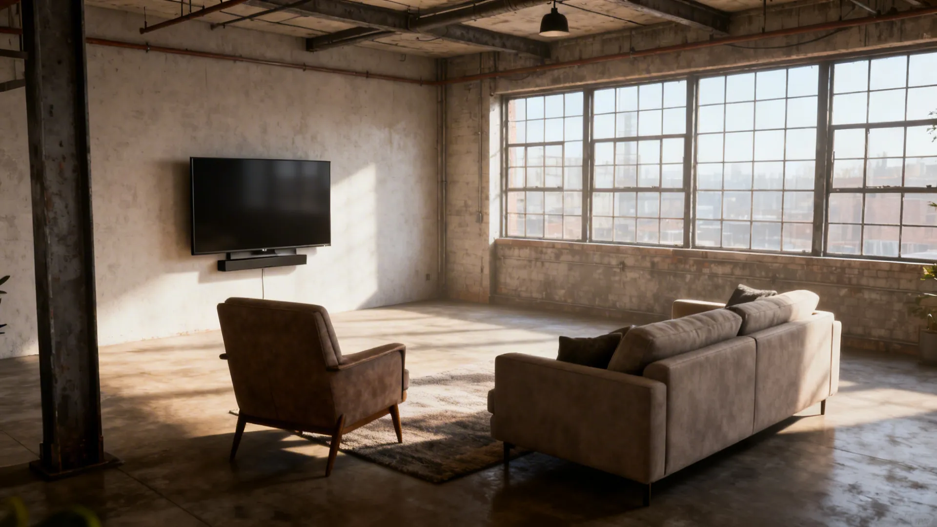 Industrial loft living room with a wall mounted television brown sofa chair and large windows