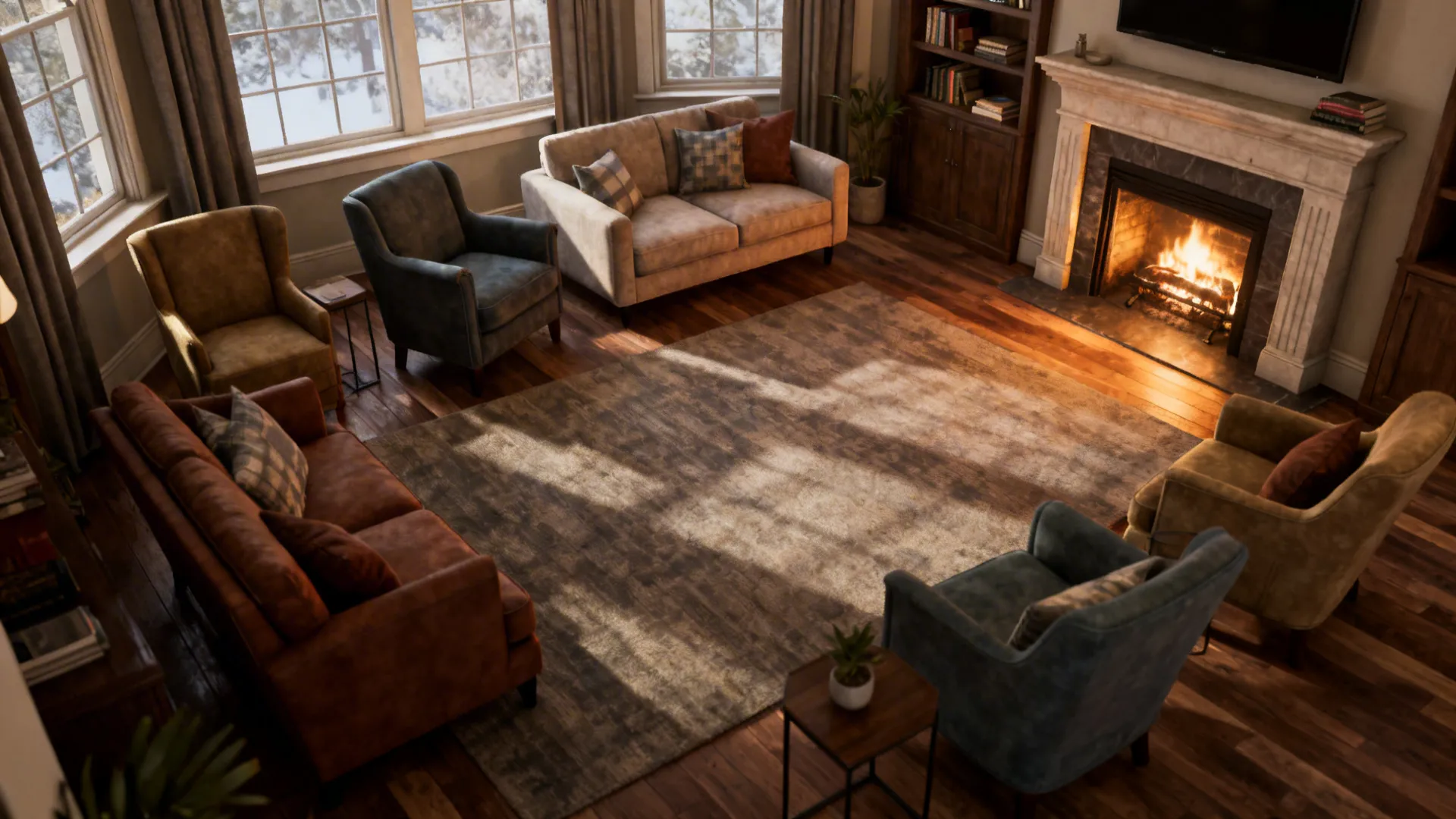 4. Corner Fireplace with Multi-directional Seating