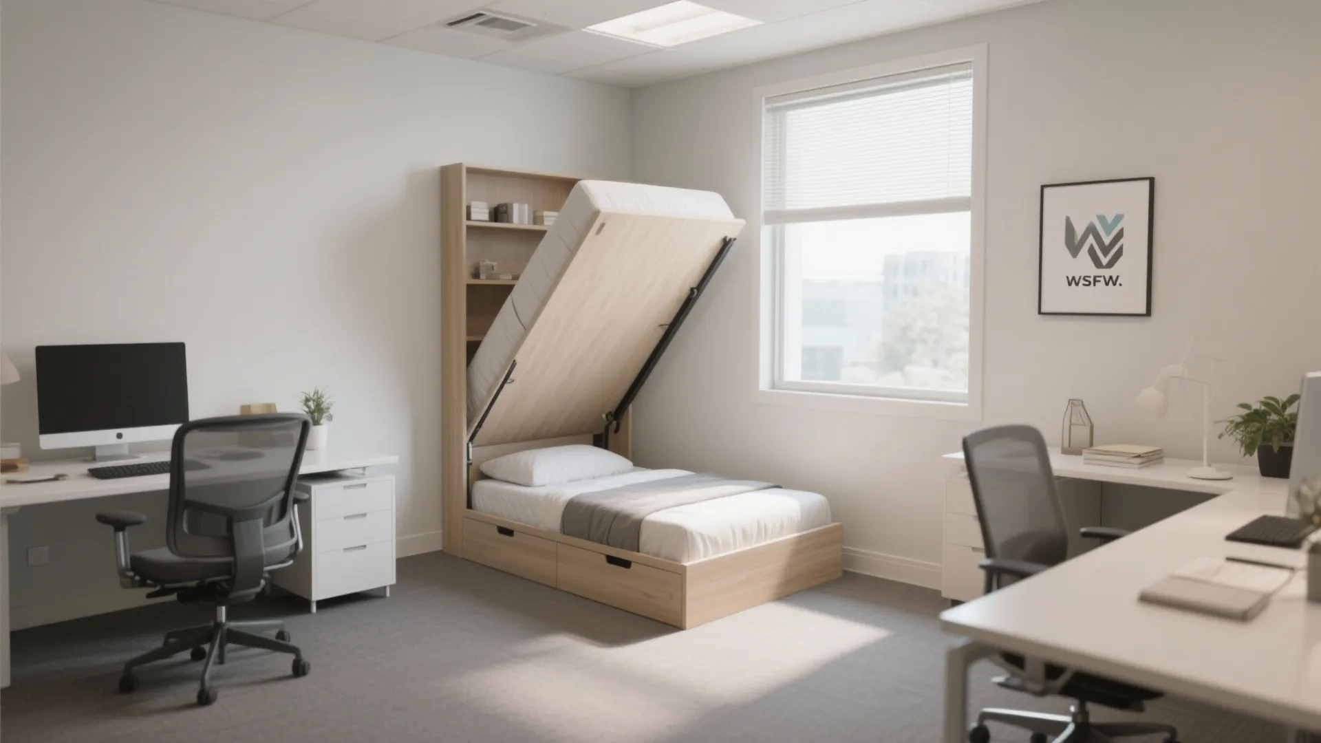 Corner setup of a Murphy bed in multifunctional office room