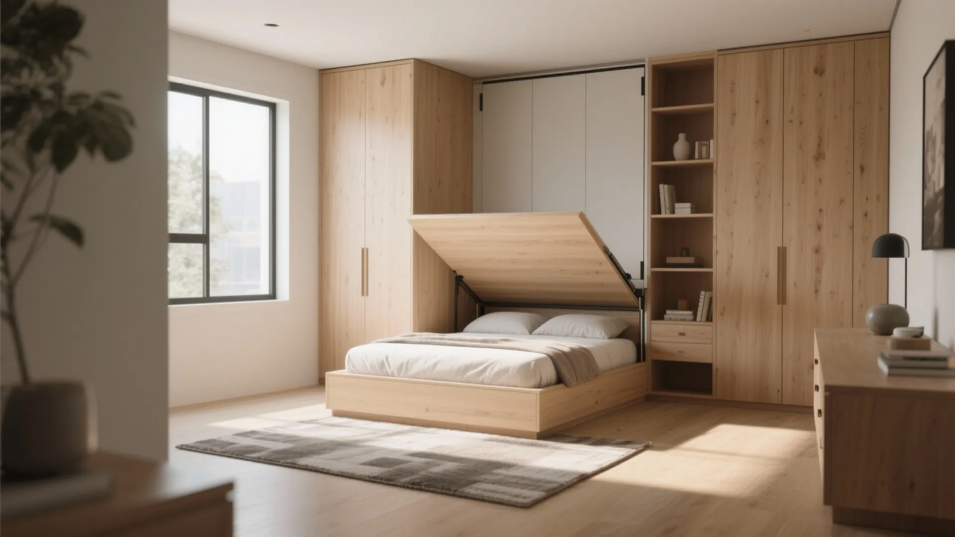 Modern wood wall bed system with storage cabinets and open shelves in a bright bedroom