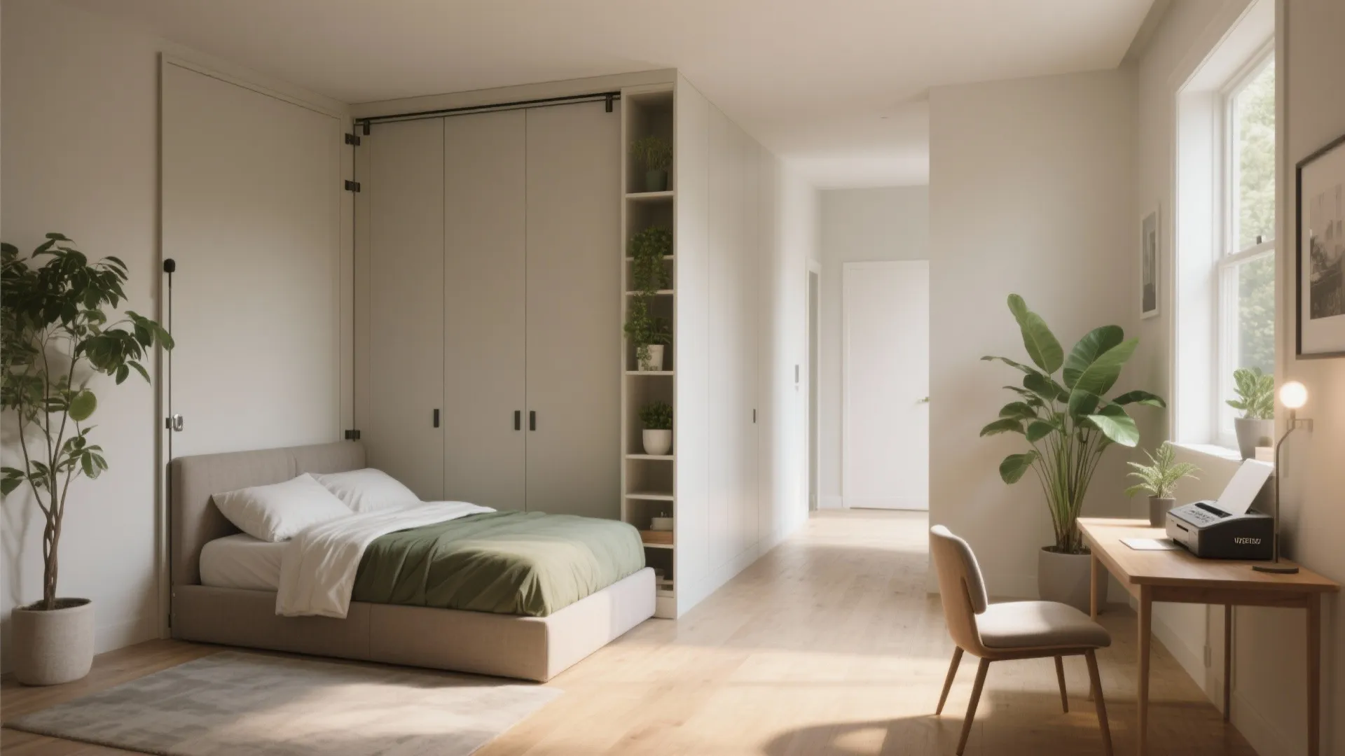 Corner Murphy bed that tucks into cabinetry and preserves a clear central walkway with a chair beside it.
