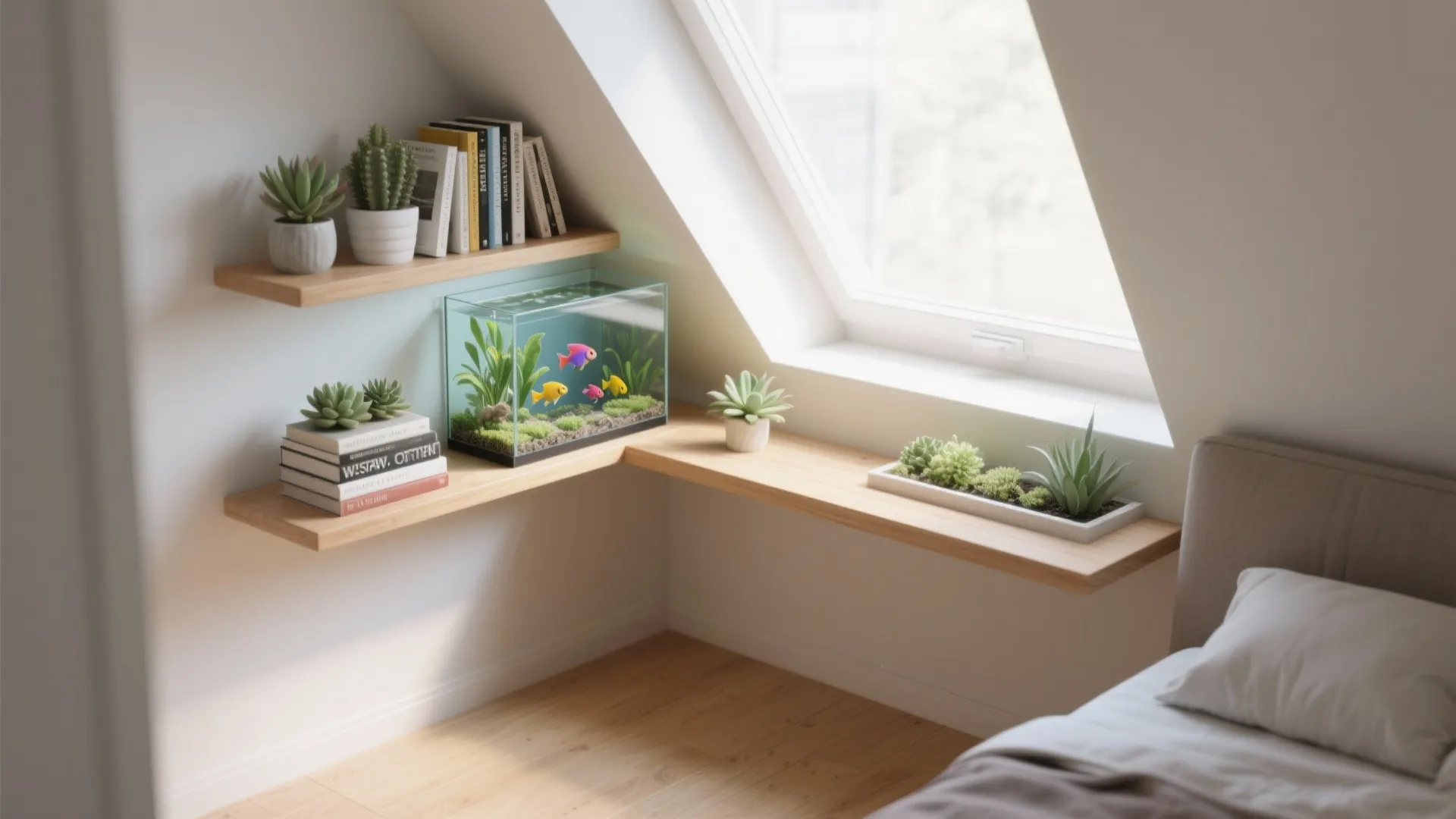 Small fish tank on wooden corner wall shelves with books and plants in white bedroom