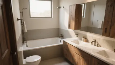 Modern Rustic Bathroom with Wood Cabinets & Natural Light