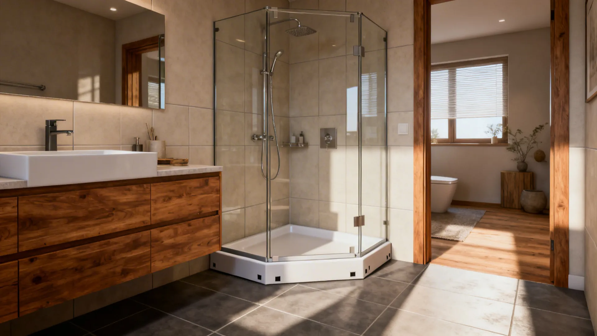 Small bathroom with corner neo-angle shower and open vanity area to improve circulation