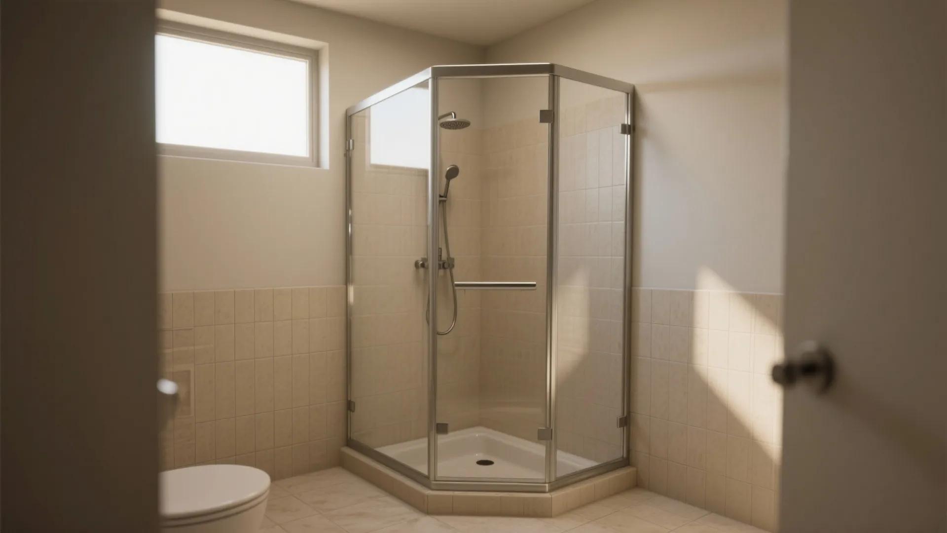 Modern bathroom interior design drawing with glass corner shower unit beige wall tiles and toilet