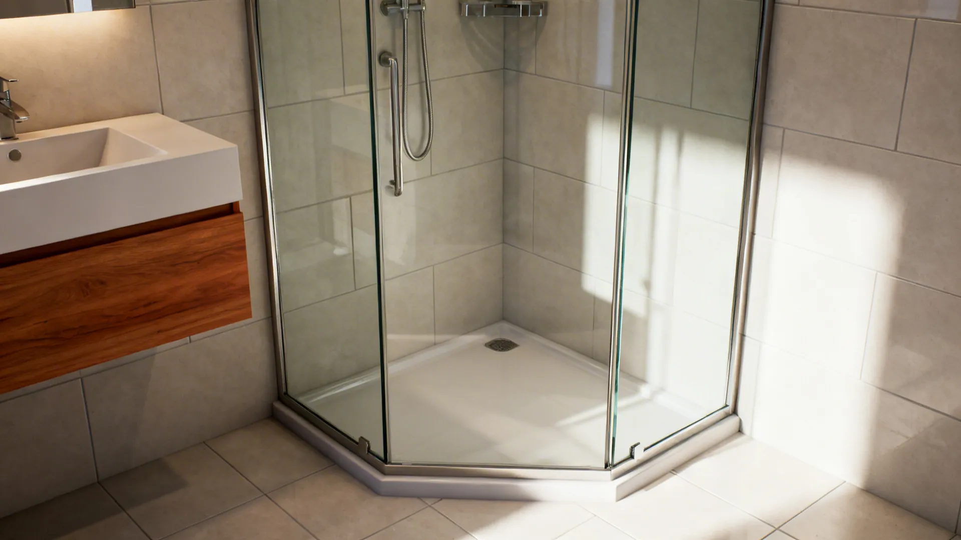 Corner glass shower enclosure with white base chrome fixtures grey wall tiles and wooden vanity