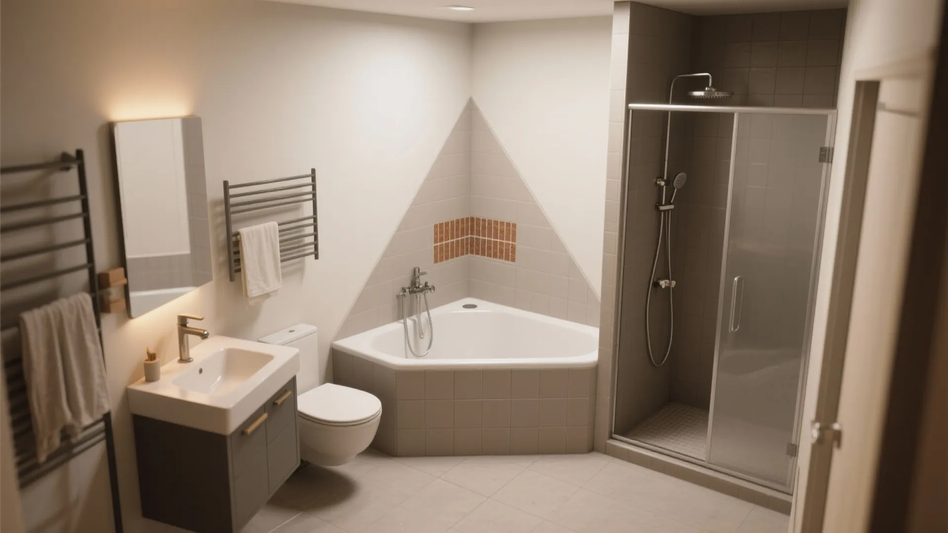 Small bathroom layout with corner bathtub glass shower stall white toilet and grey sink cabinet unit