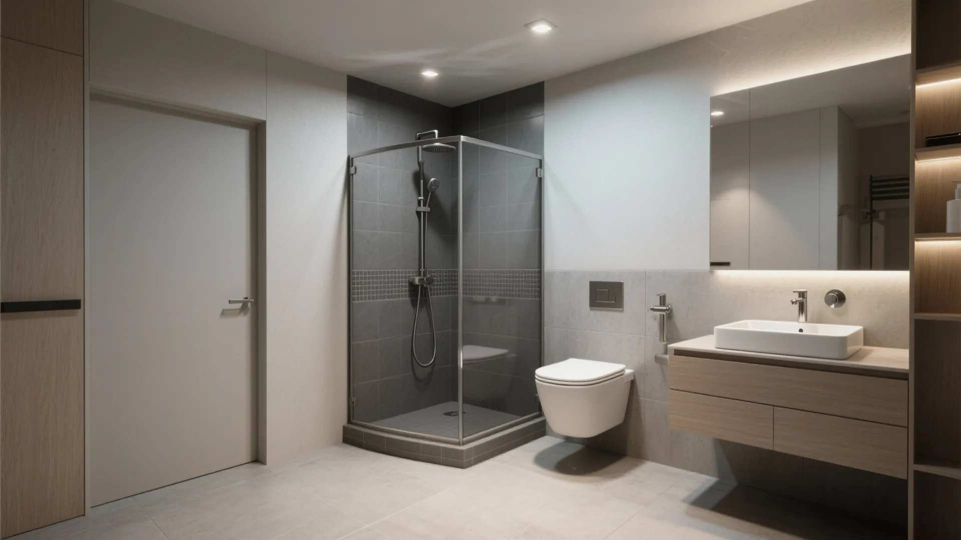 4. Corner shower + wall-hung fixtures