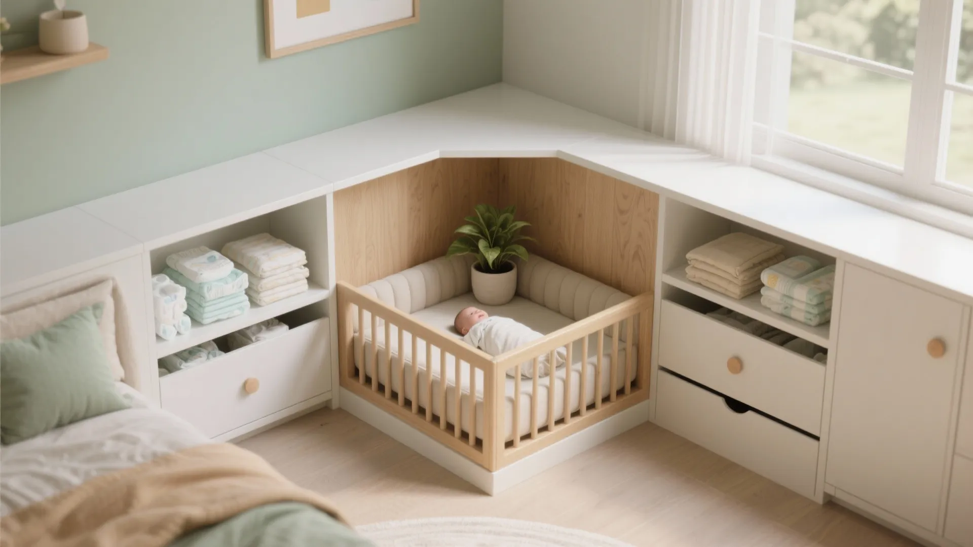 Baby sleeping in wooden crib built into white corner storage unit with shelves and plant