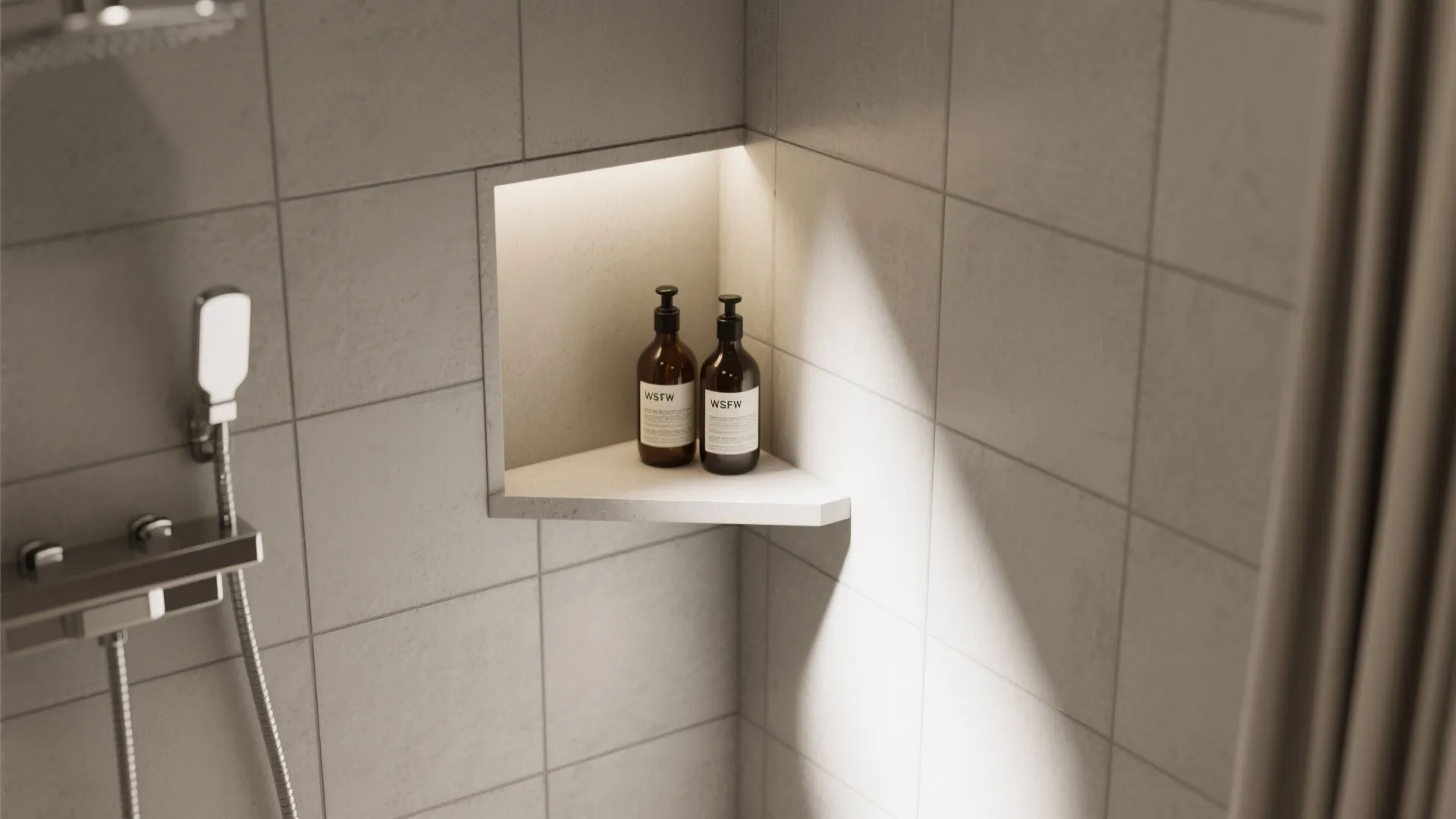 Small corner shower shelf with built in light holding two brown bottles on white tiles