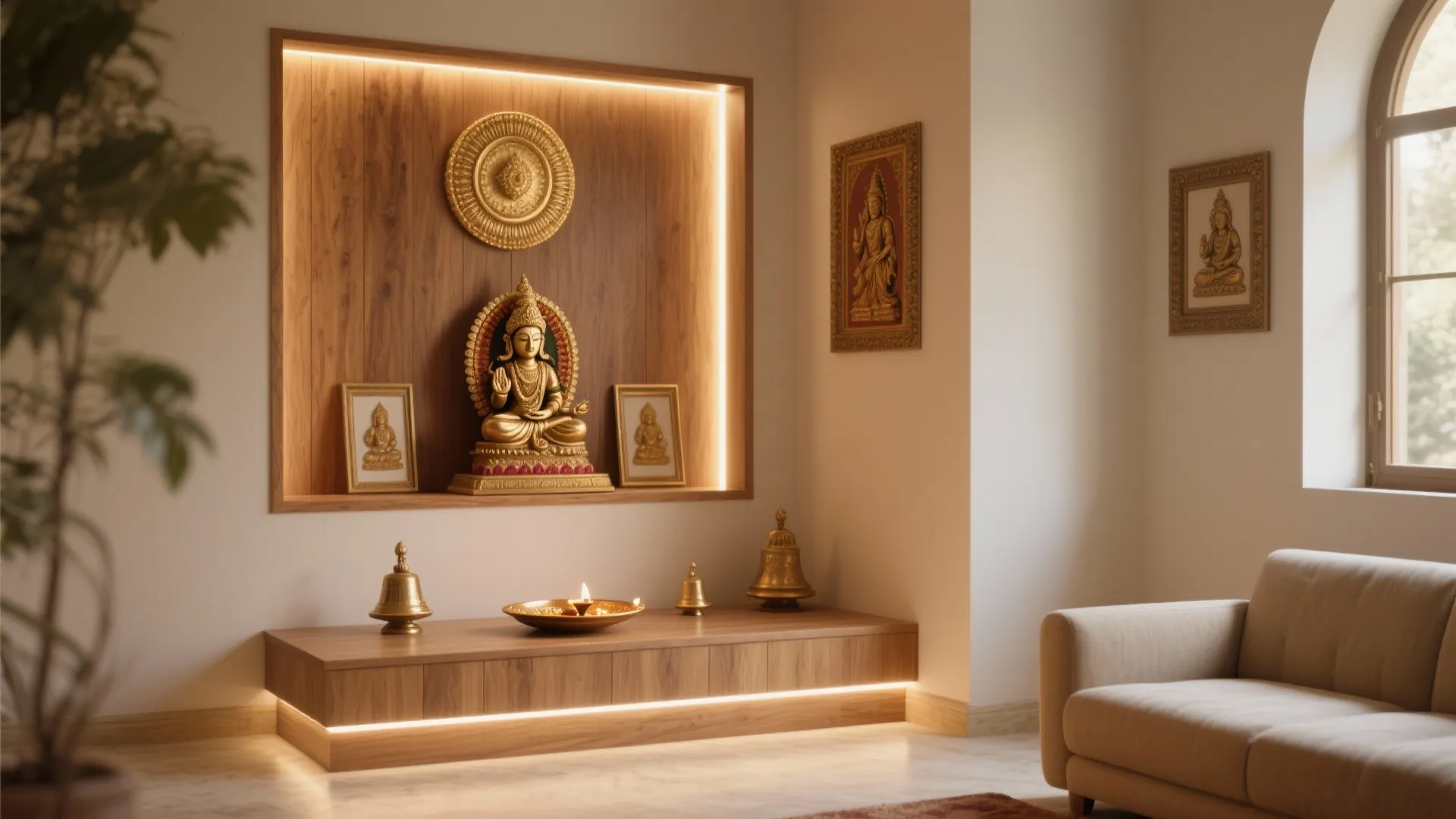 Corner room design featuring a wooden wall shelf with religious statues light fixture and beige sofa