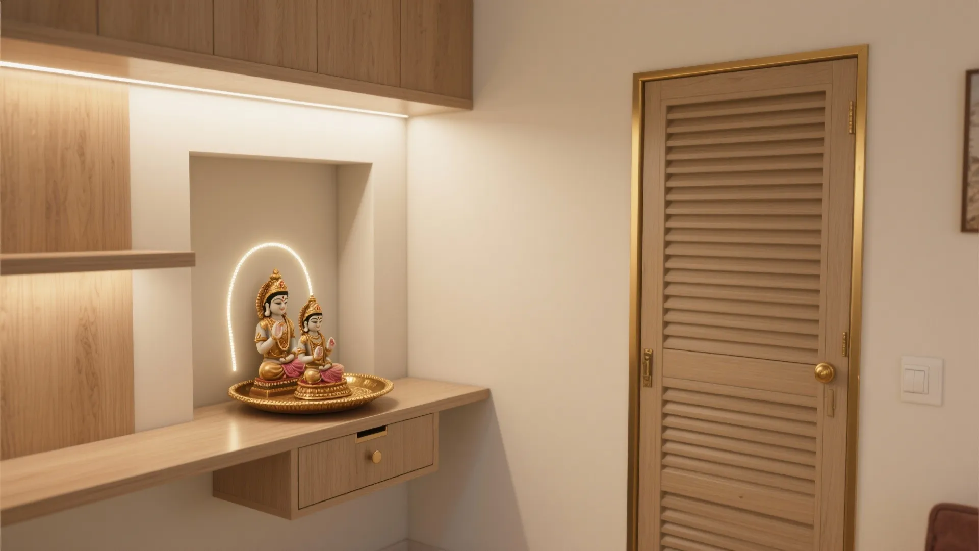 Interior design drawing with wall niche for statues next to a wooden door and light