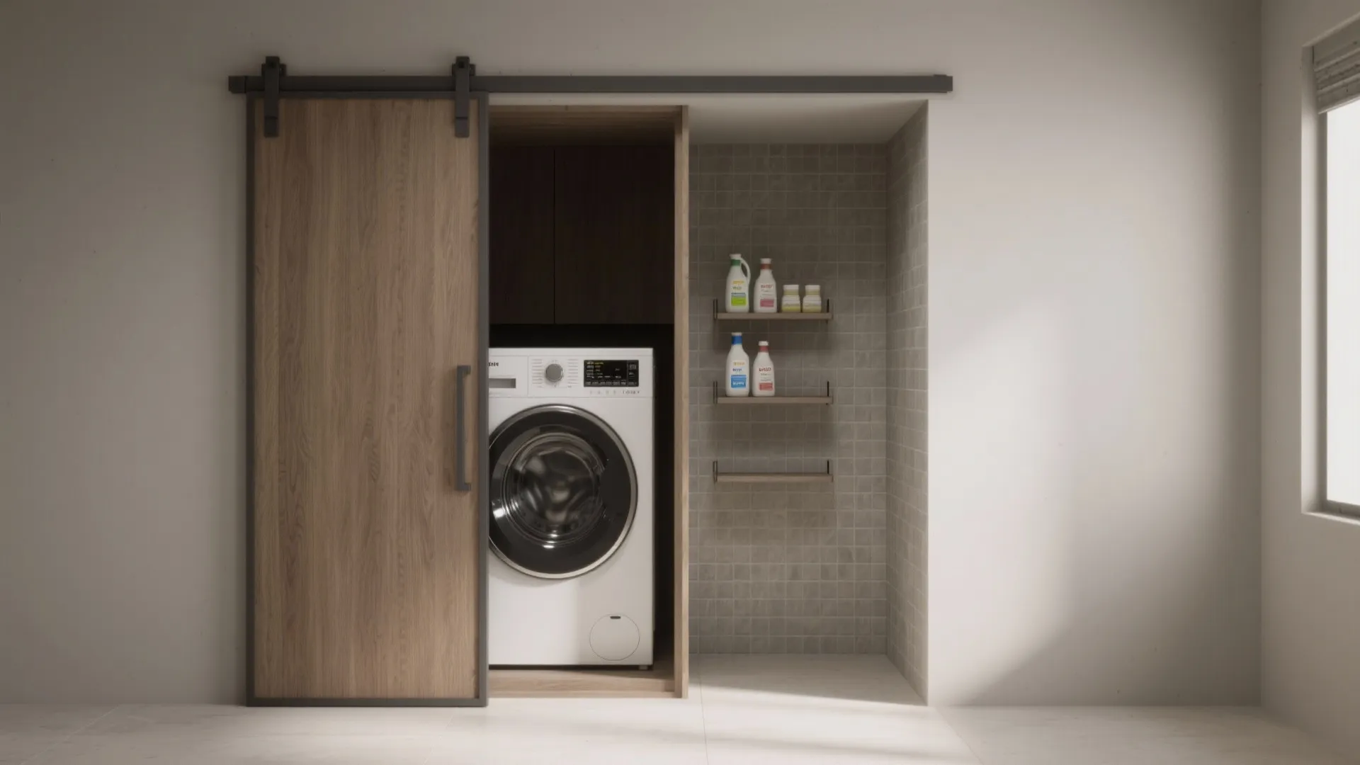 Corner niche with a sliding door hiding a compact washer-dryer and slim storage.