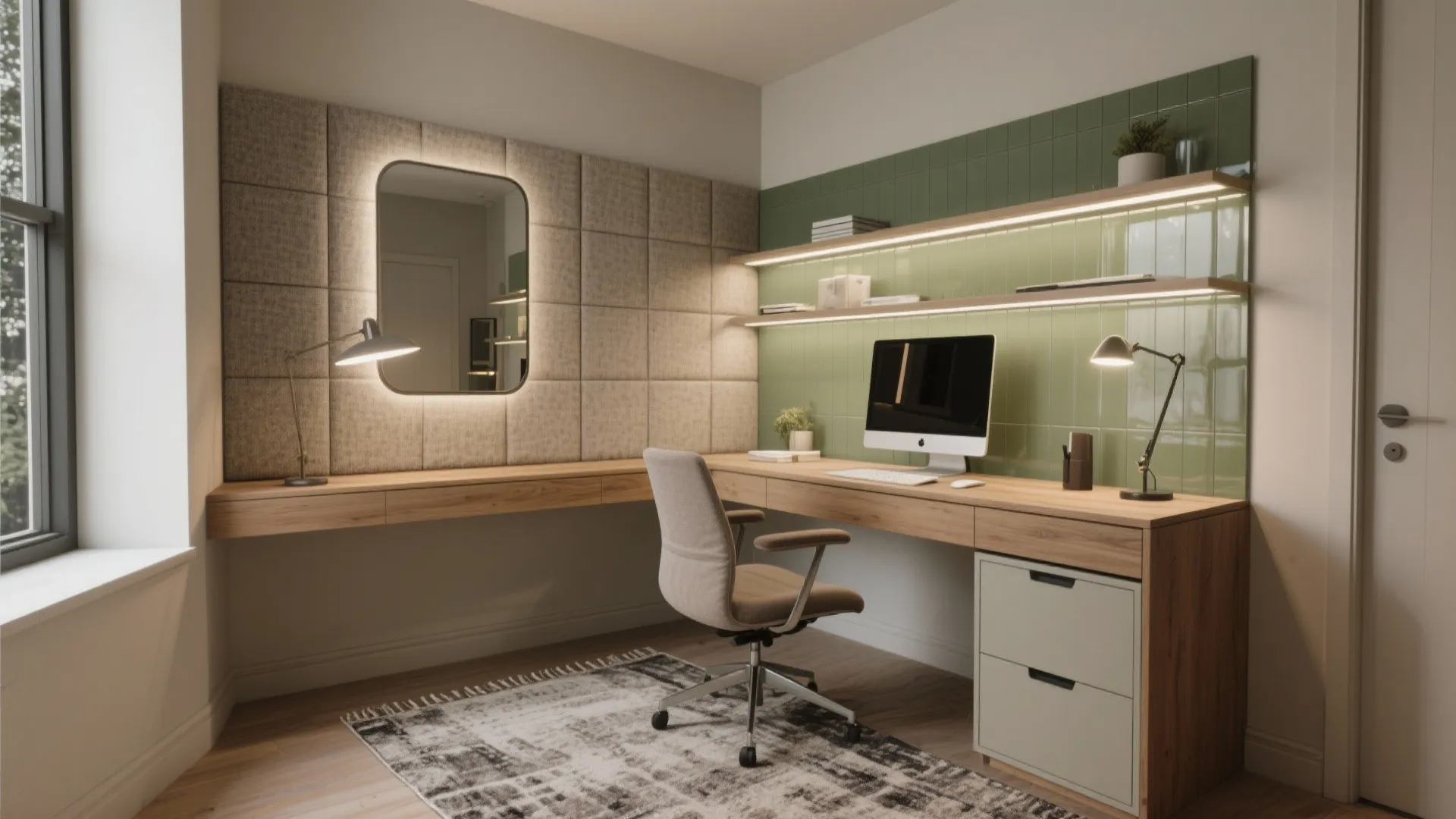 Corner home office with wooden desk and computer featuring green wall panel and light shelves