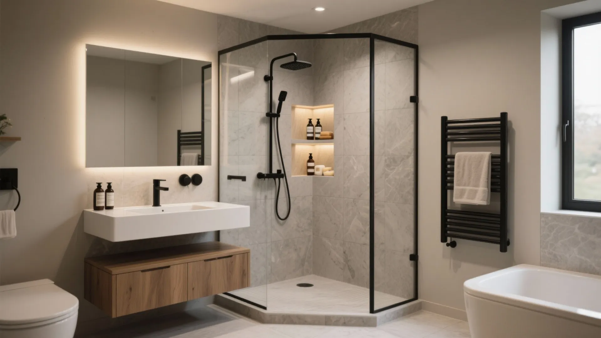 3. Corner wet room with a recessed niche