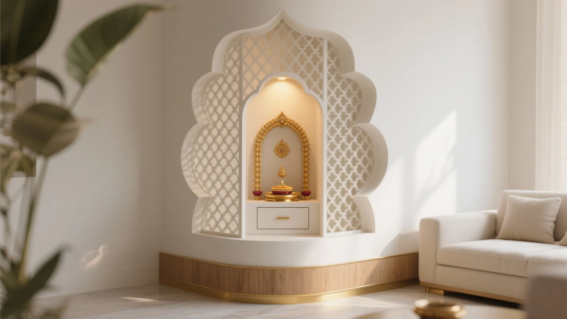 Corner Pooja Niche with Curved CNC Lattice