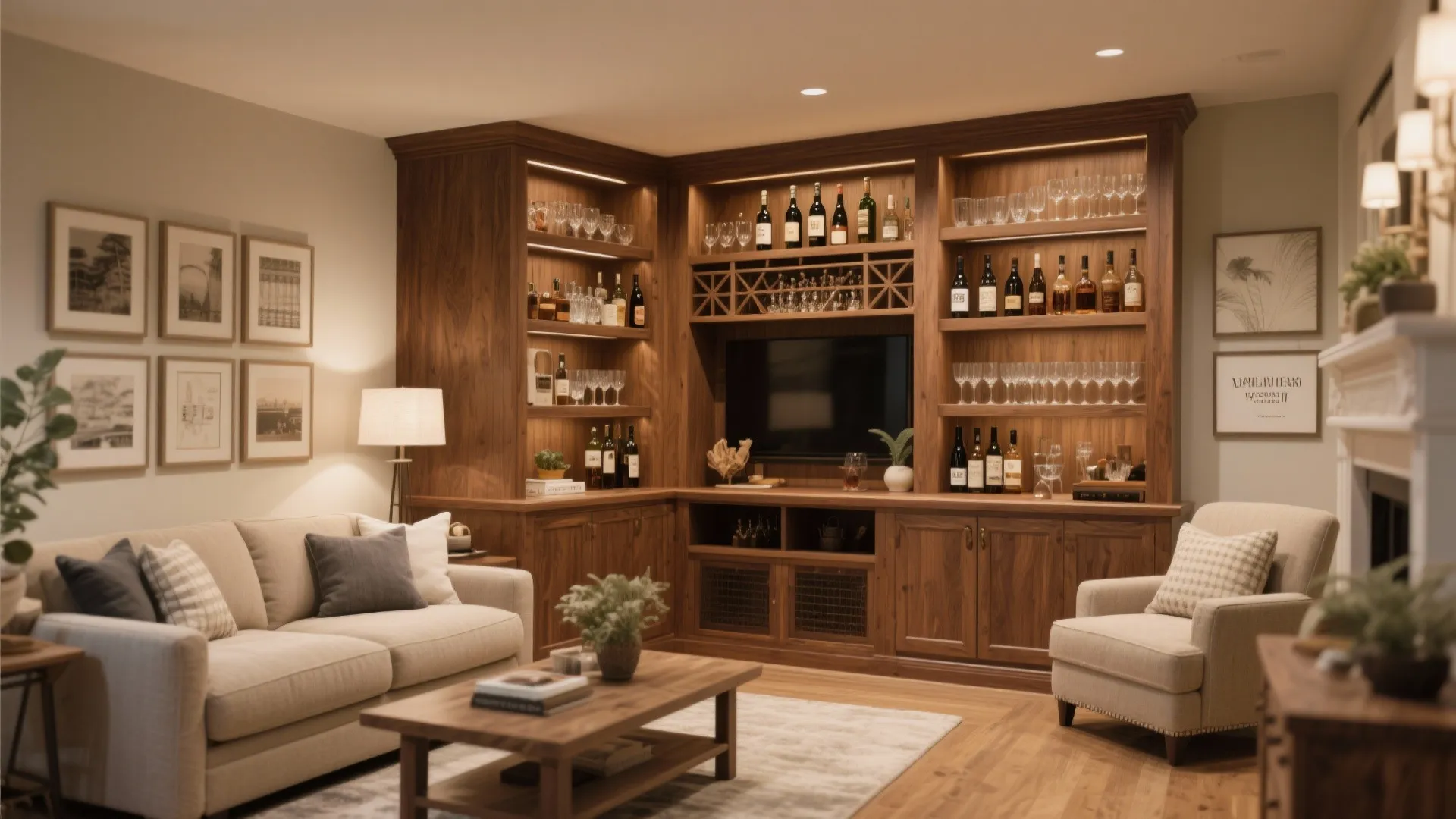 Built-in bar shelving in corner living room niche