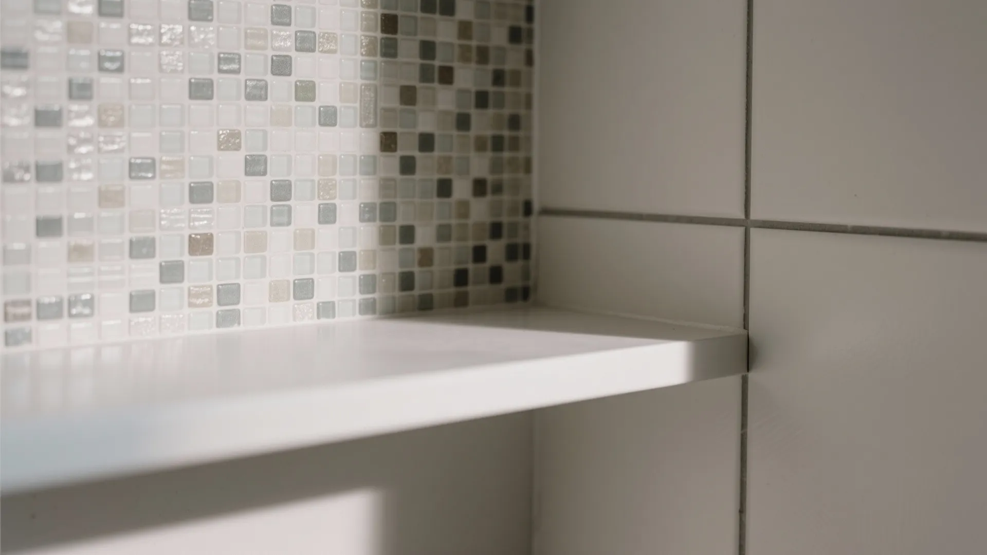 Close-up of white wall shelf with small colorful mosaic tiles inside a modern bathroom shower